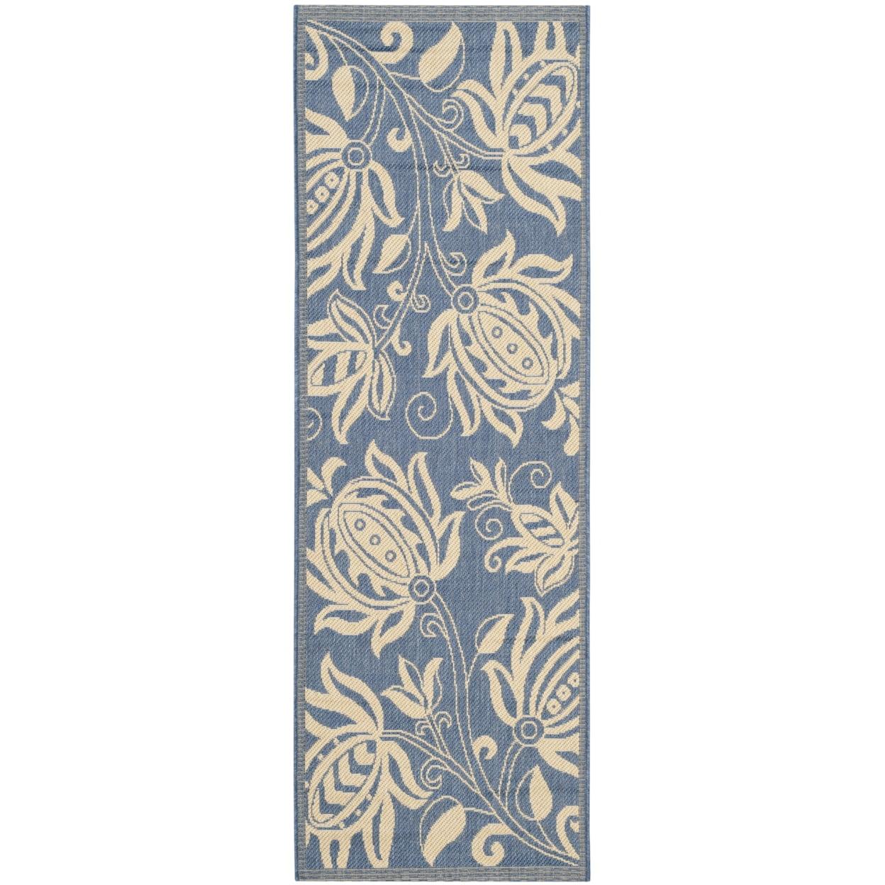 Blue Floral Synthetic Outdoor Runner Rug with Trim Embellishment