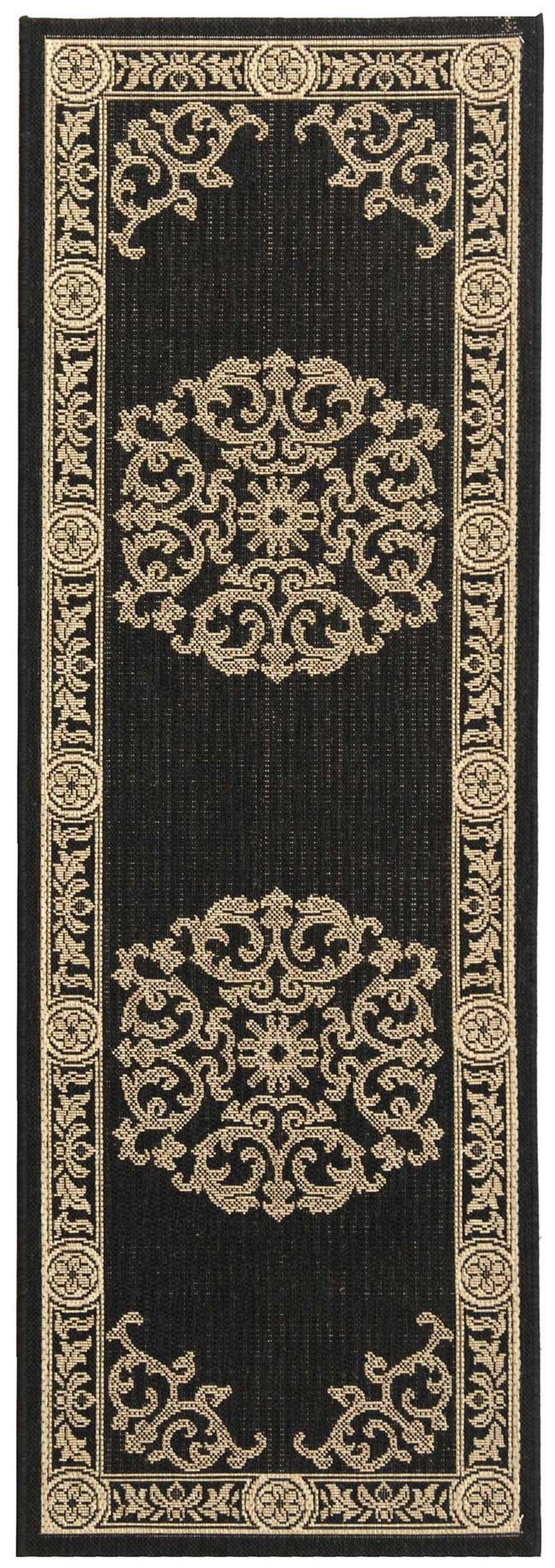 Black and Sand Floral Synthetic Outdoor Runner Rug