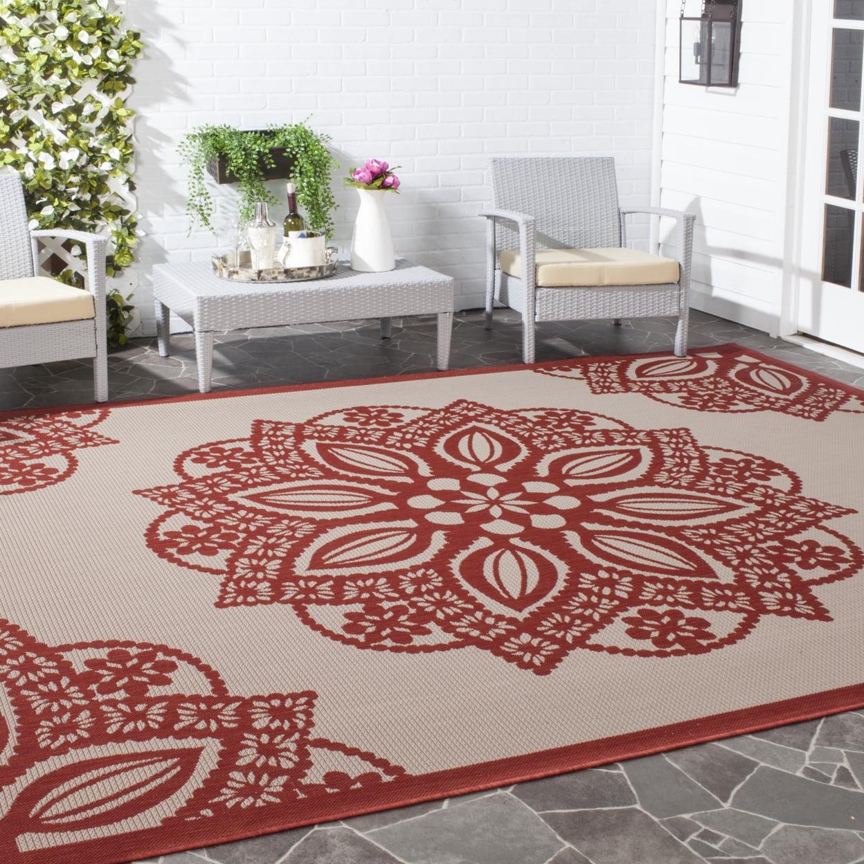 Red and Beige Rectangular Synthetic Indoor/Outdoor Area Rug