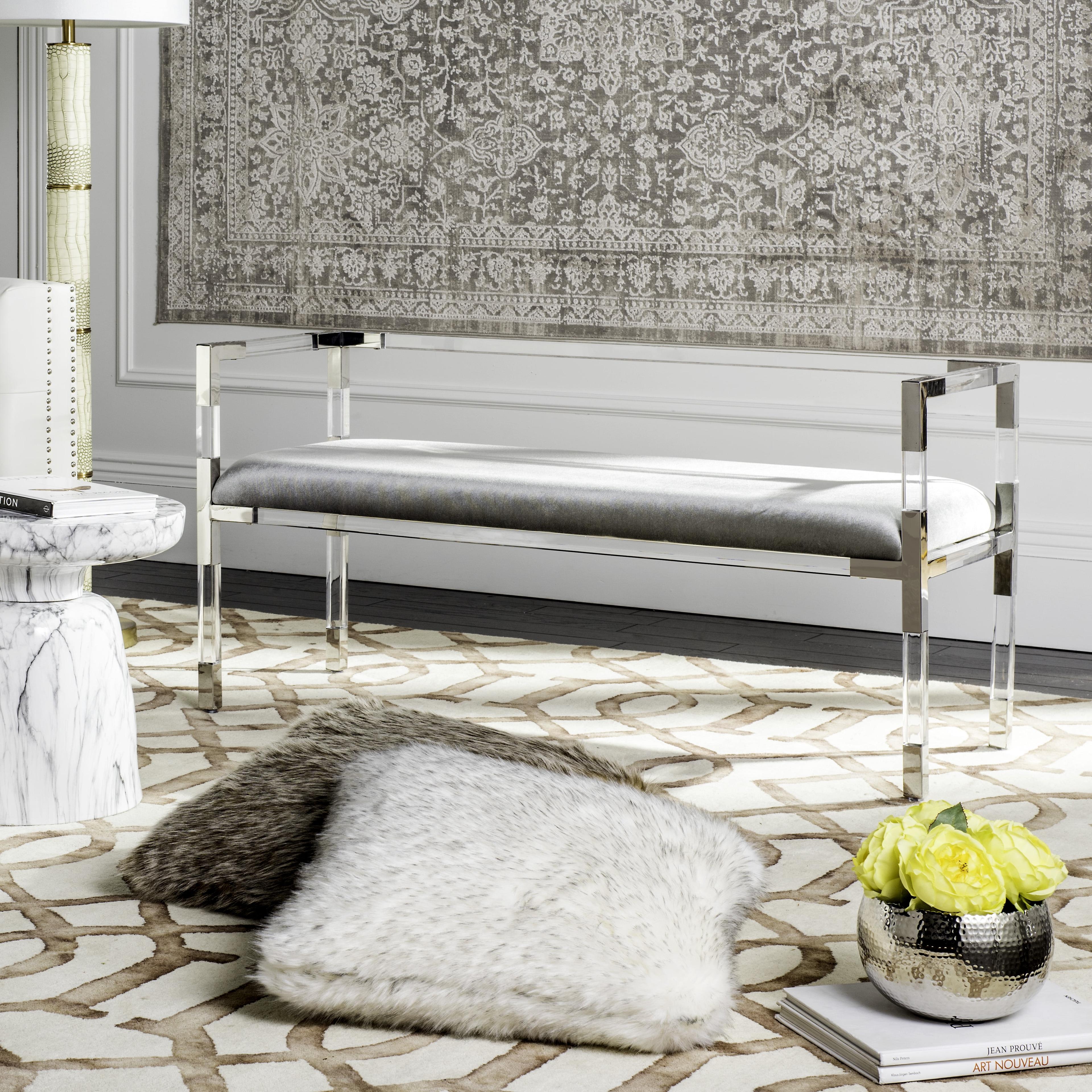 Anastasia Gray Upholstered Acrylic Bench with Brass Accents