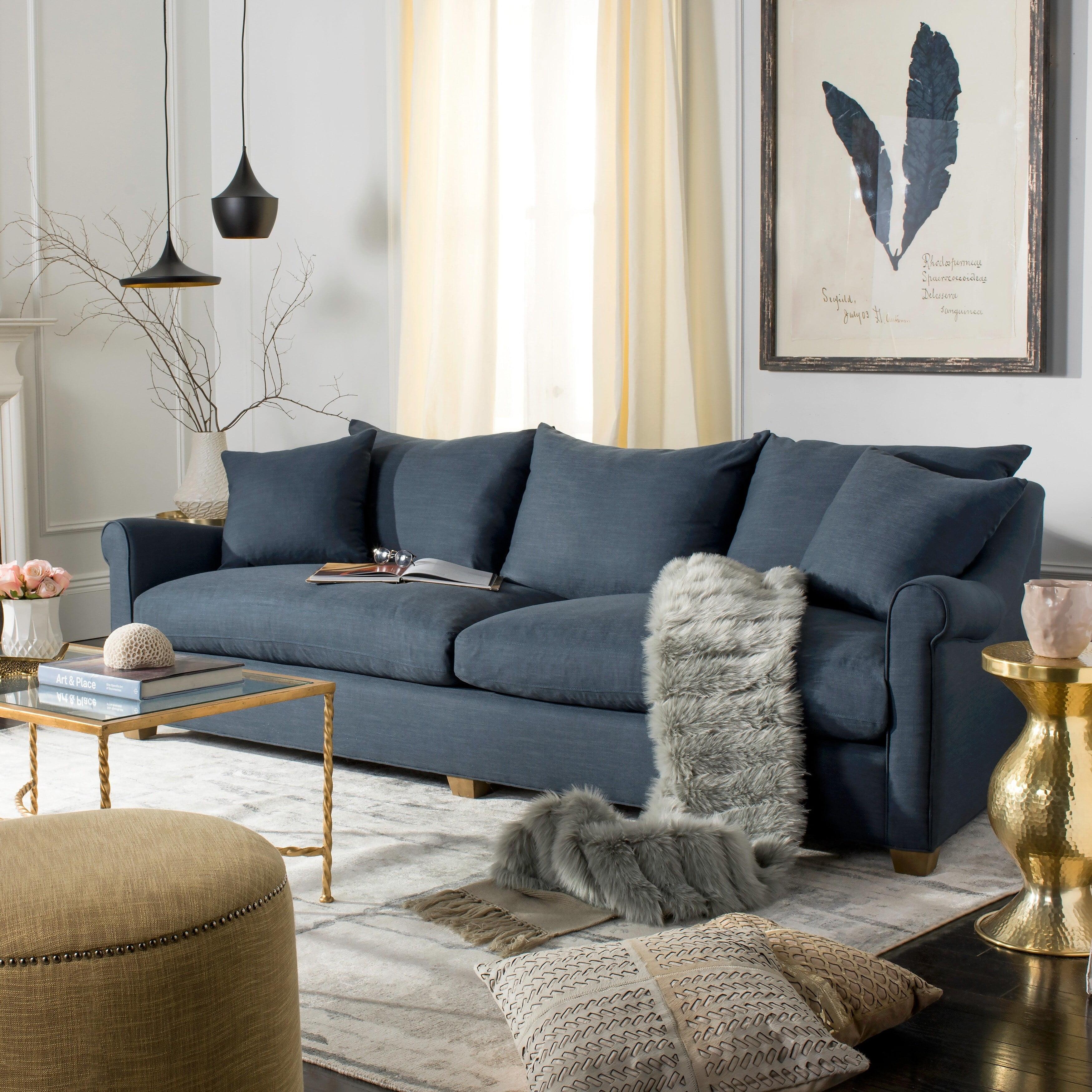 Frasier Navy Blue Linen 106" Transitional Sofa with Oak Legs