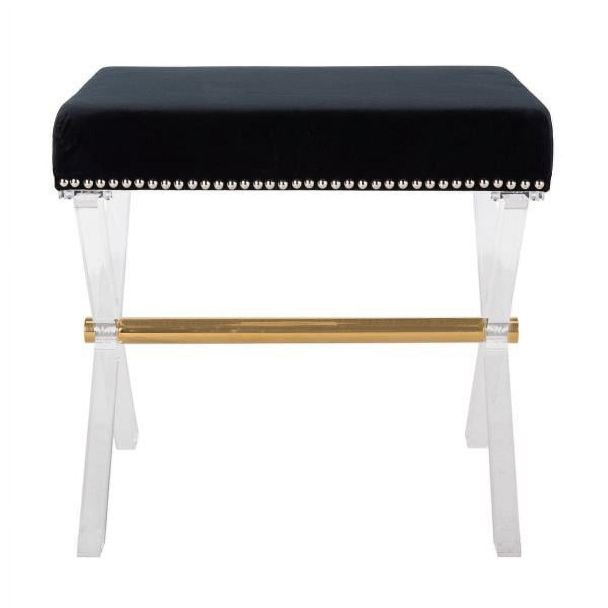 Transitional Luxe Black Velvet Acrylic X-Bench with Brass Detail