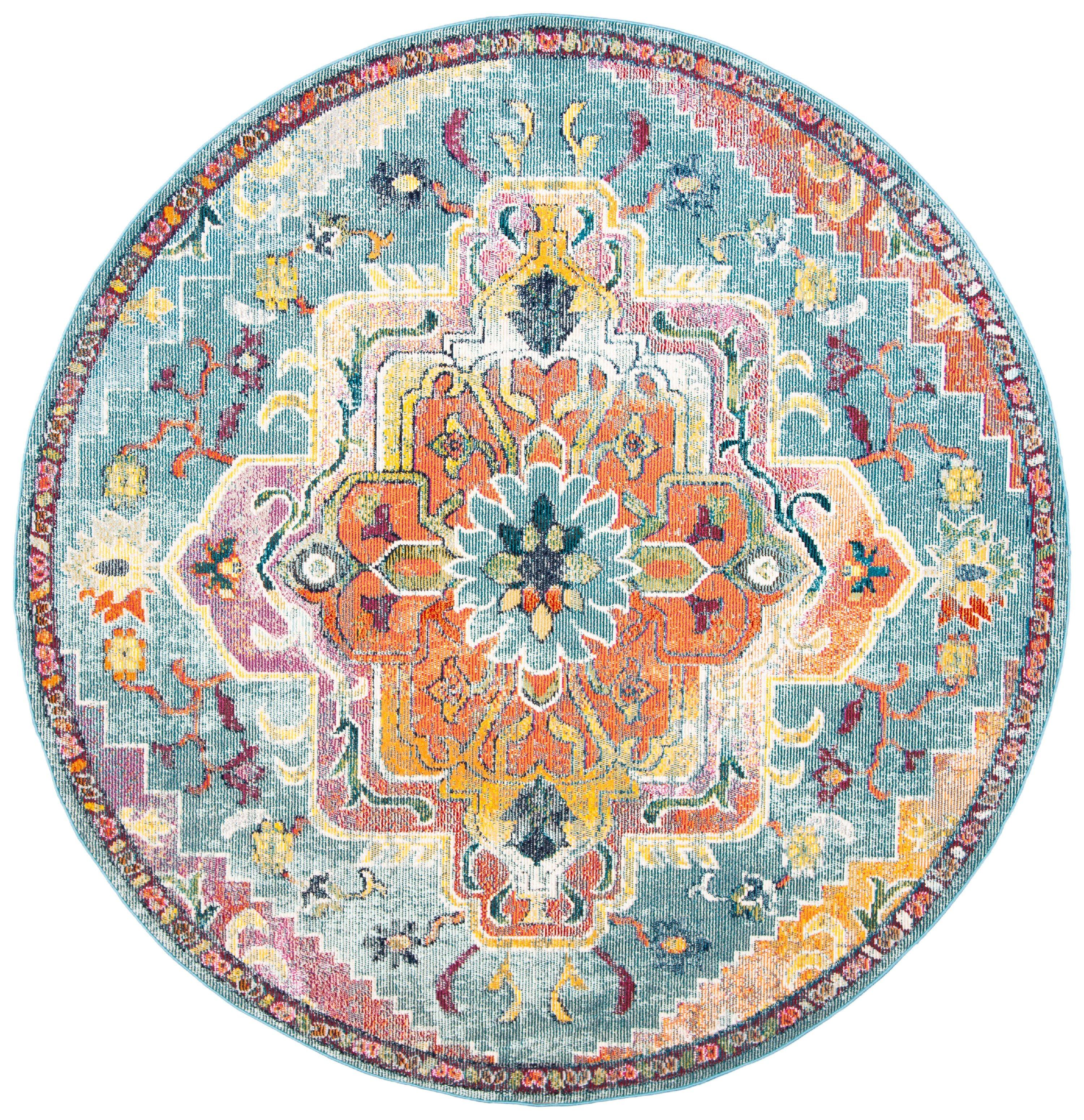 Teal and Orange Floral Synthetic 7' Round Area Rug