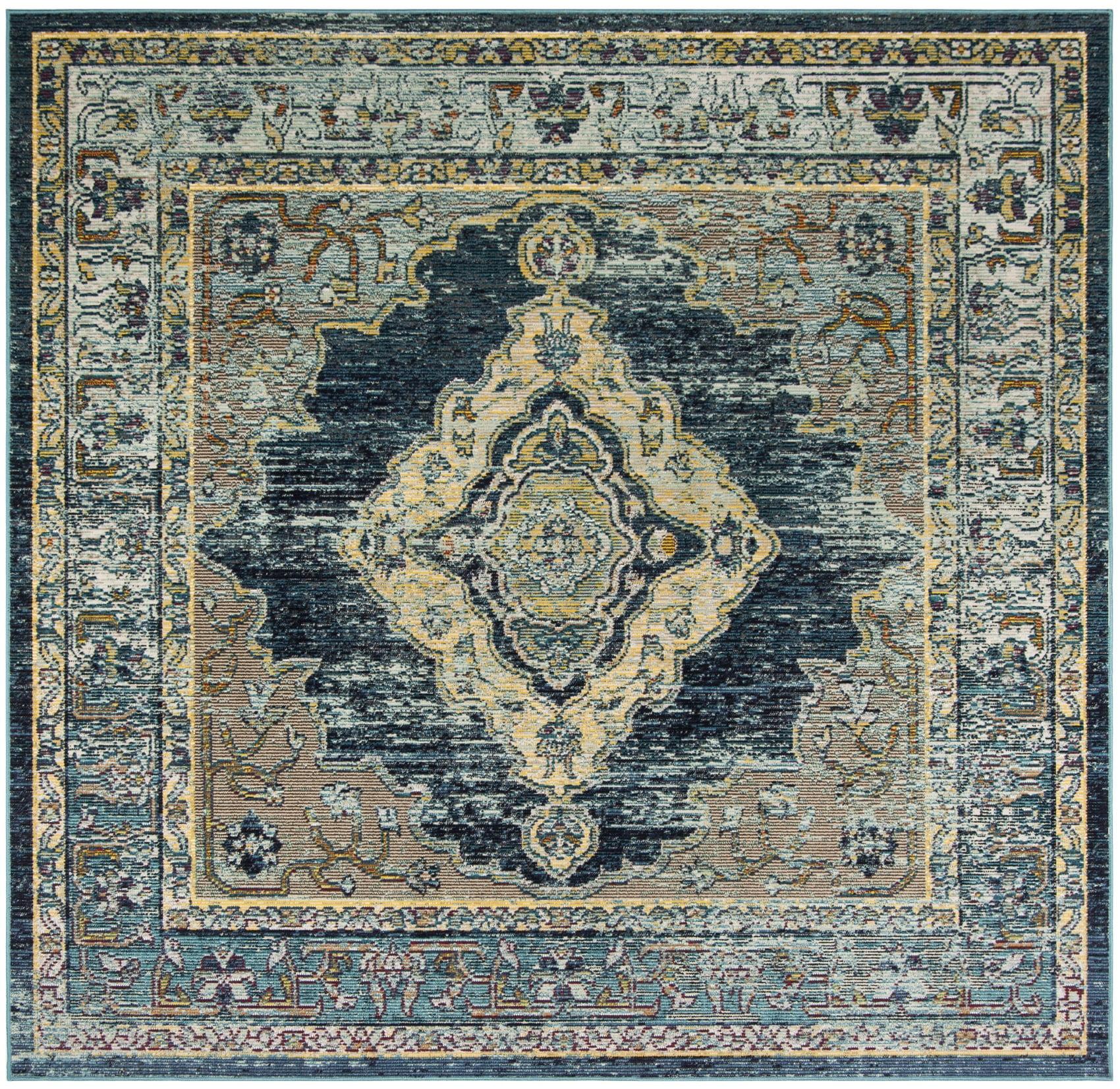 Elysian Blooms Reversible Blue Floral 7' Square Synthetic Rug