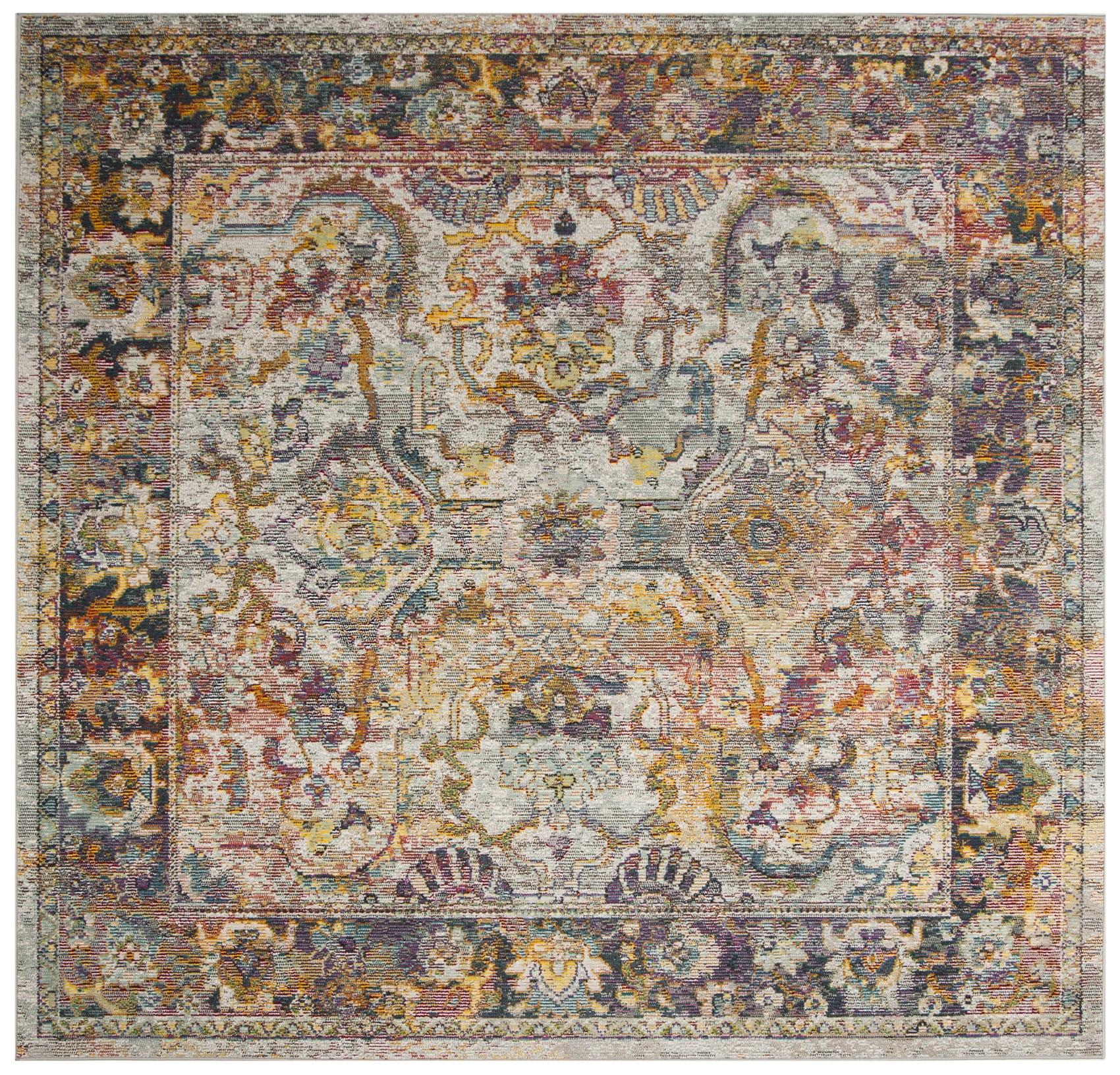 Light Blue Synthetic Floral Motif Square Area Rug