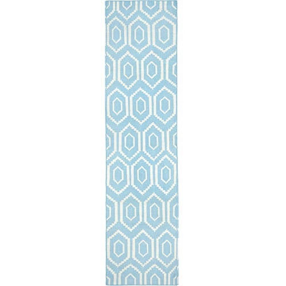 SAFAVIEH Dhurrie Bianca Geometric Hexagons Wool Runner Rug, Blue/Ivory, 2'6" x 8'