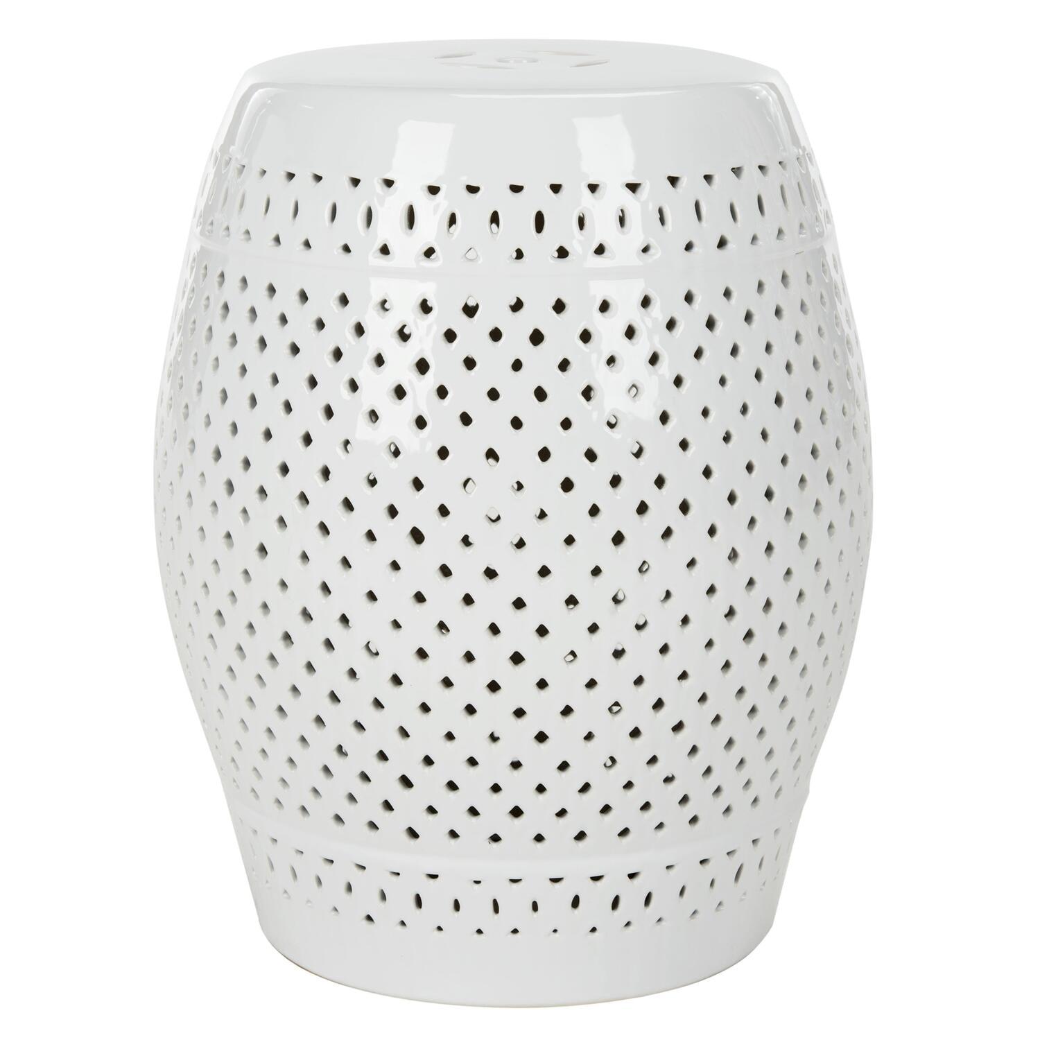 Elegant White Ceramic Diamond-Pierced Garden Stool, 14"x17.5"