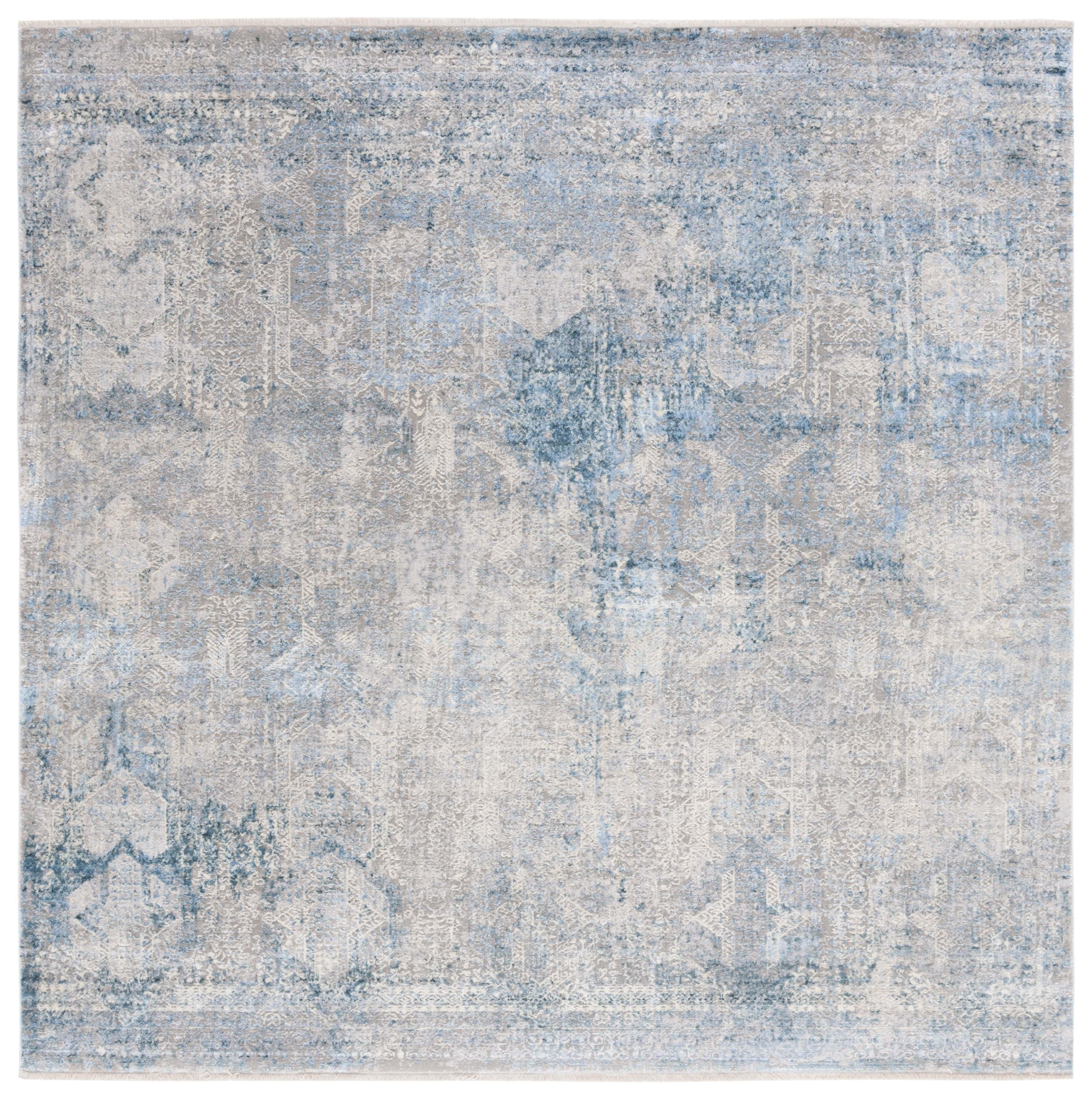 Gray and Blue Hand-Knotted Square Viscose Area Rug