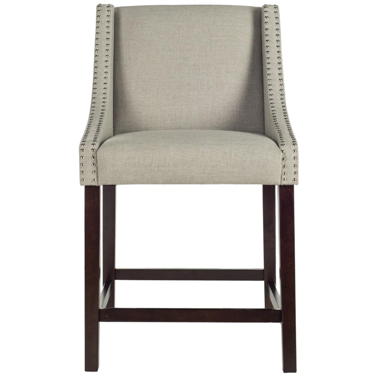 Transitional Belgian Light Grey Linen Counter Stool with Espresso Legs