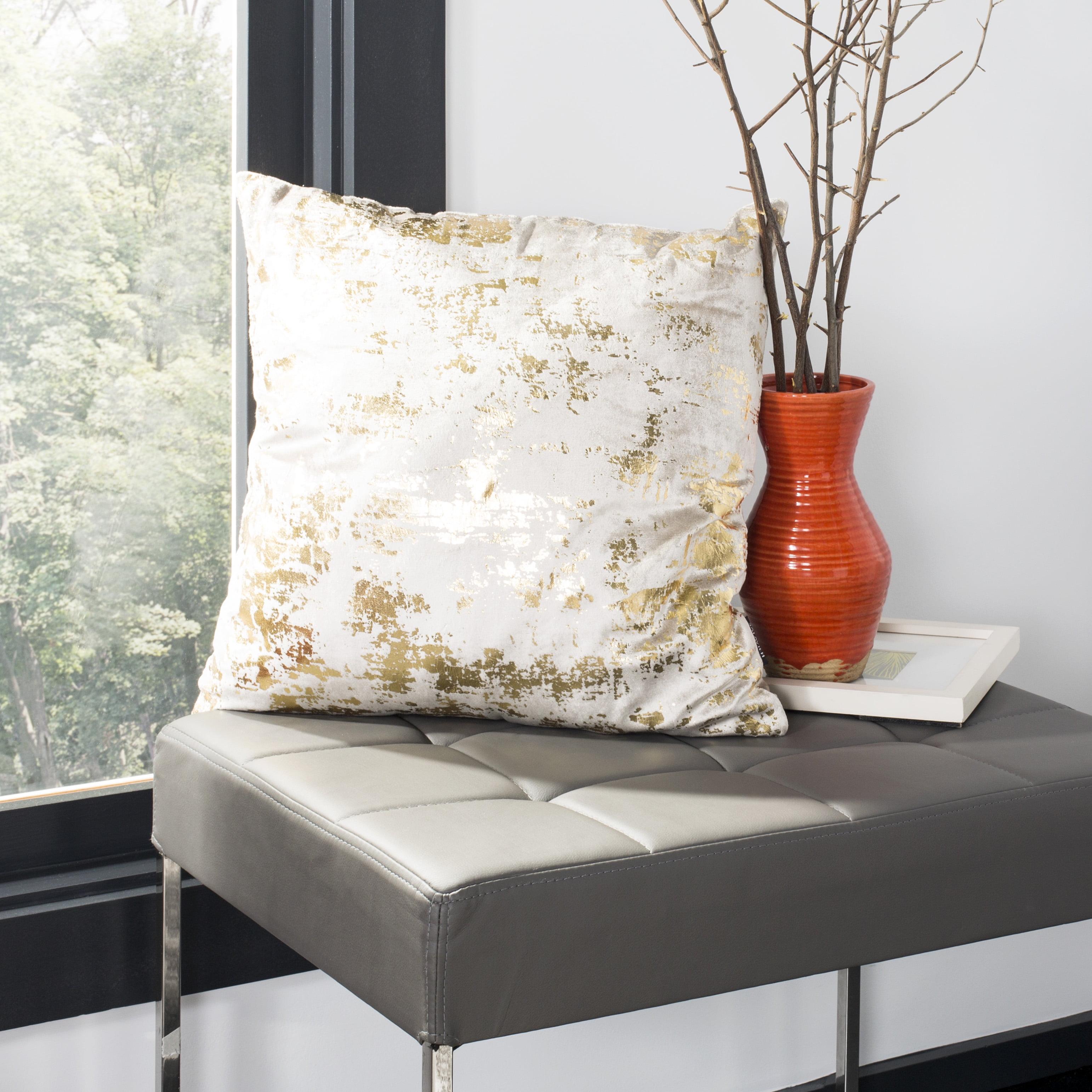 Contemporary Beige and Gold Cotton-Blend Metallic Square Pillow