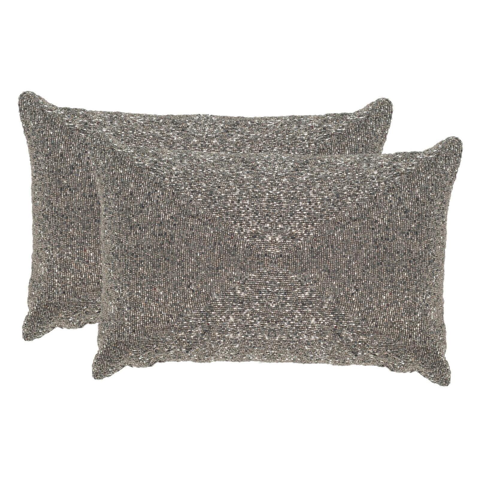 Sparkling Silver Beaded Feather Throw Pillow Set