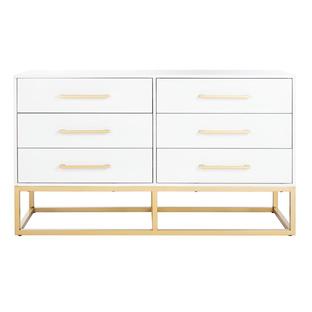 Estelle Transitional White 6-Drawer Dresser with Brass Accents