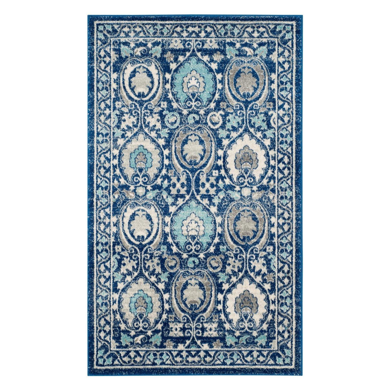 Blue and Ivory Round High Pile Synthetic Area Rug