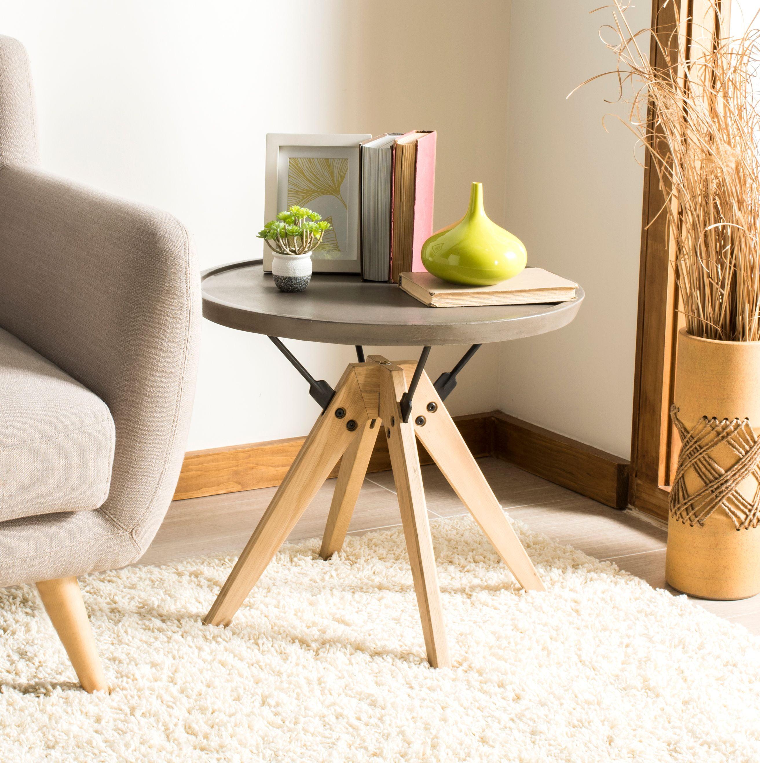 Small Gray Oak and Steel Round Side Table