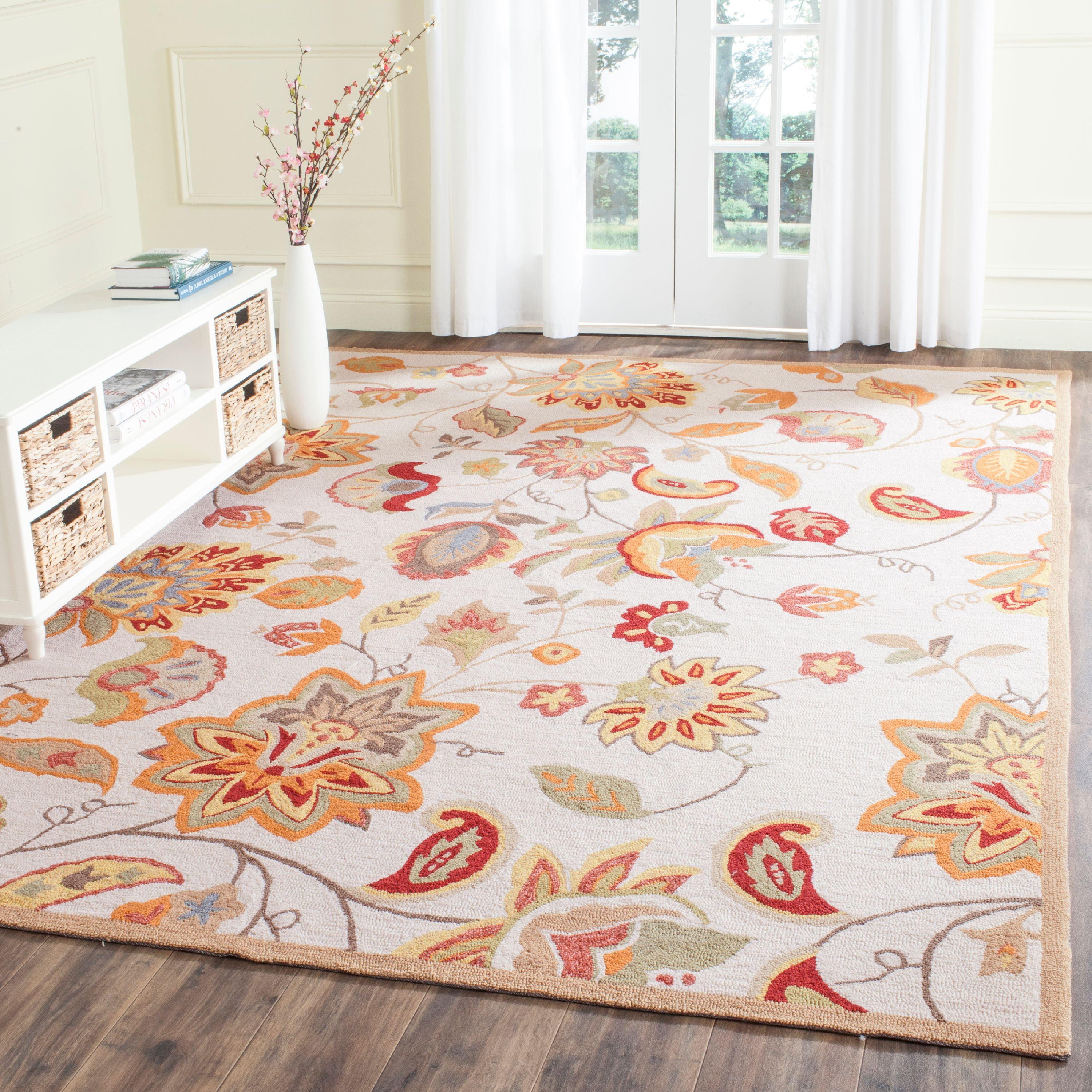 Off-White Floral Handmade Wool Area Rug, 8' x 10'