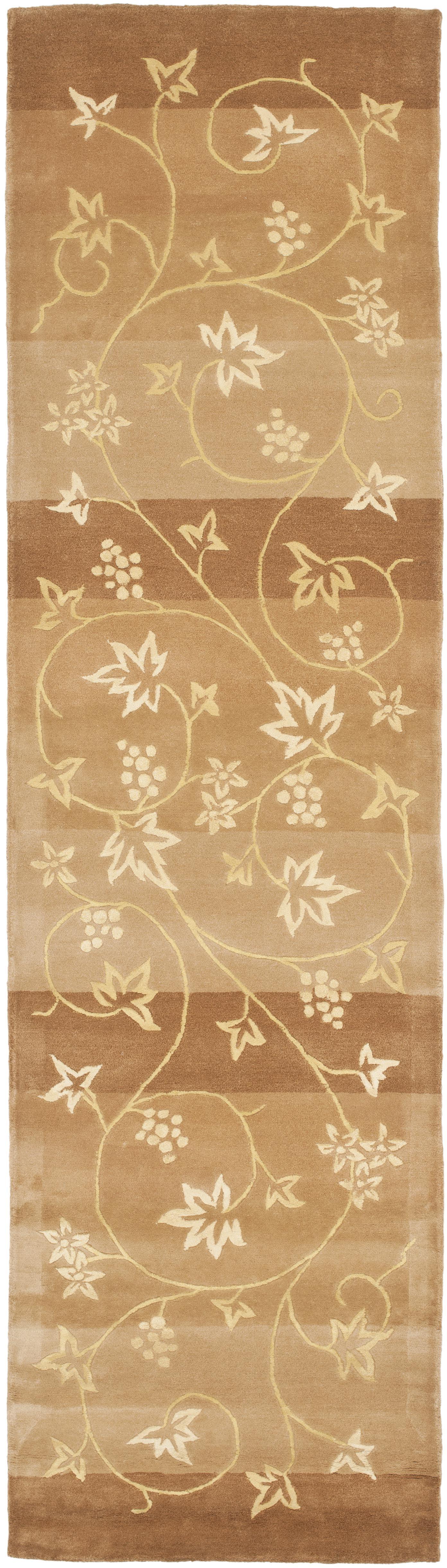 Ivory and Brown Floral Wool Silk Runner Rug