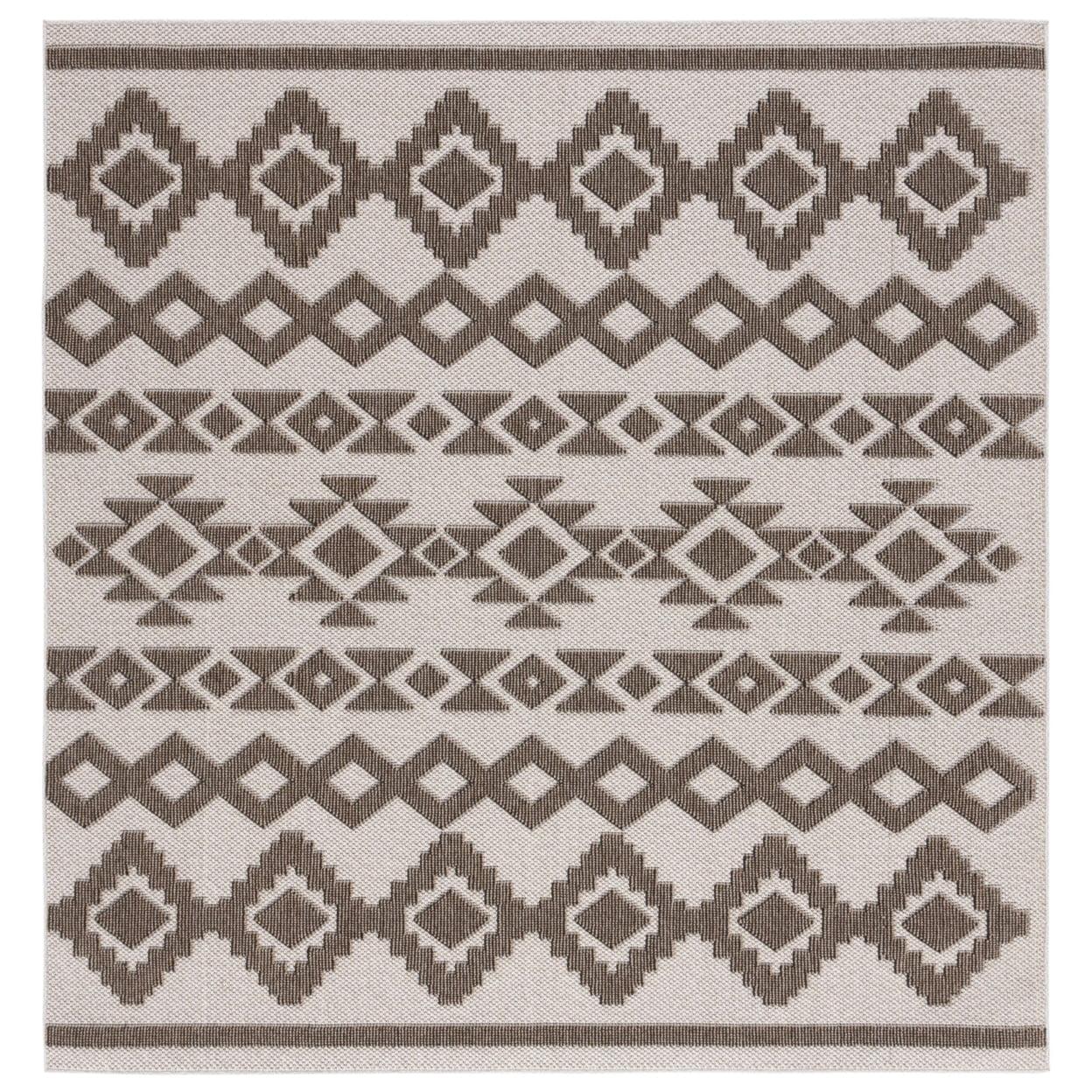 Beige and Dark Beige 79" Square Synthetic Indoor/Outdoor Rug