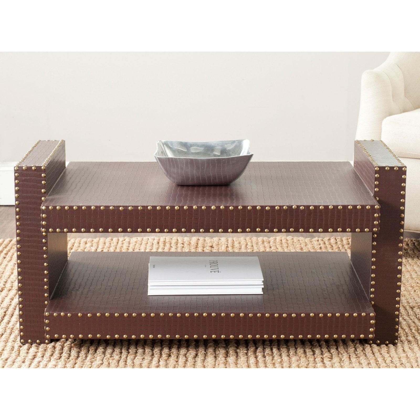 Transitional Rectangular Brown Wood Coffee Table with Nailhead Accents