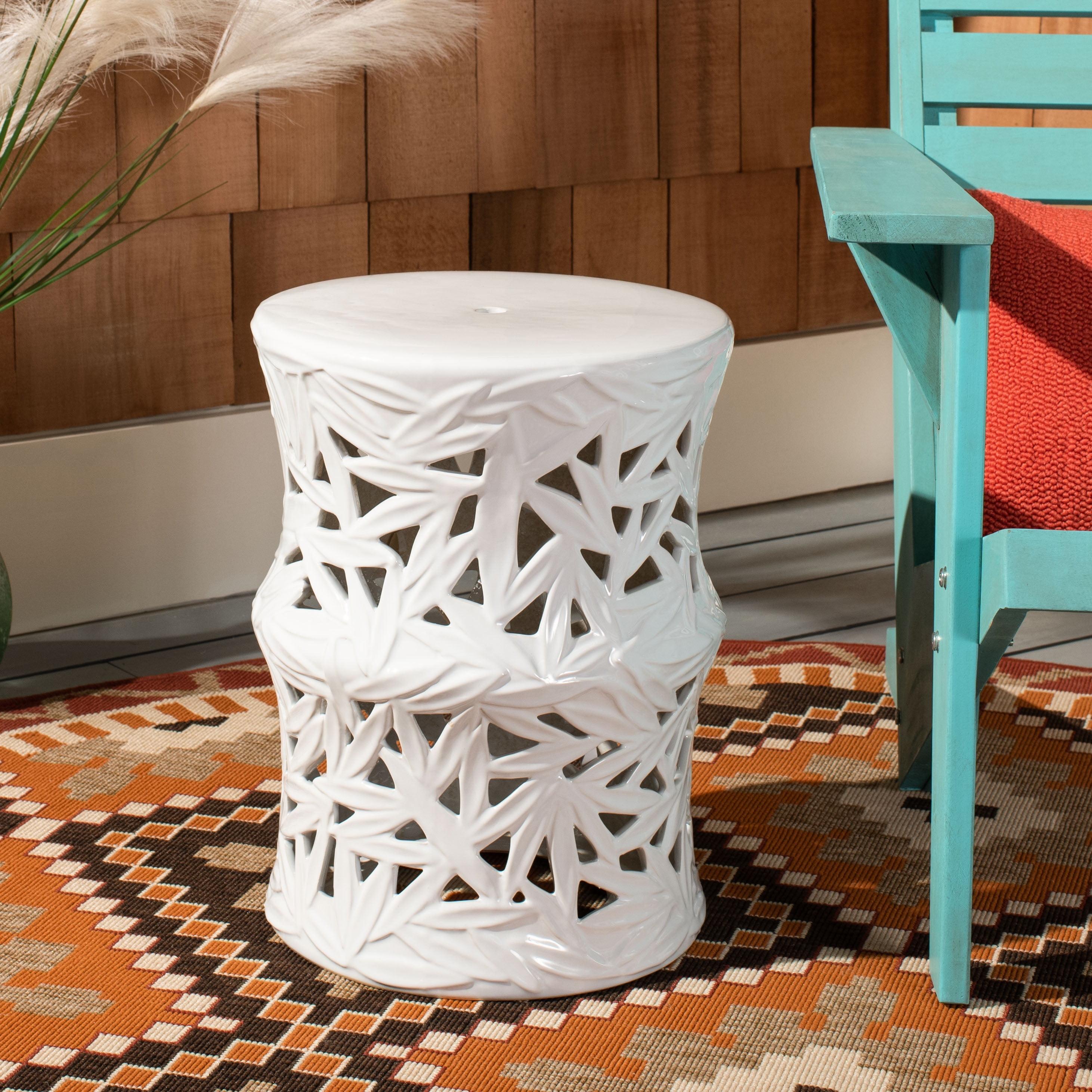 Granda White Ceramic Garden Stool with Tropical Cut-Out Design