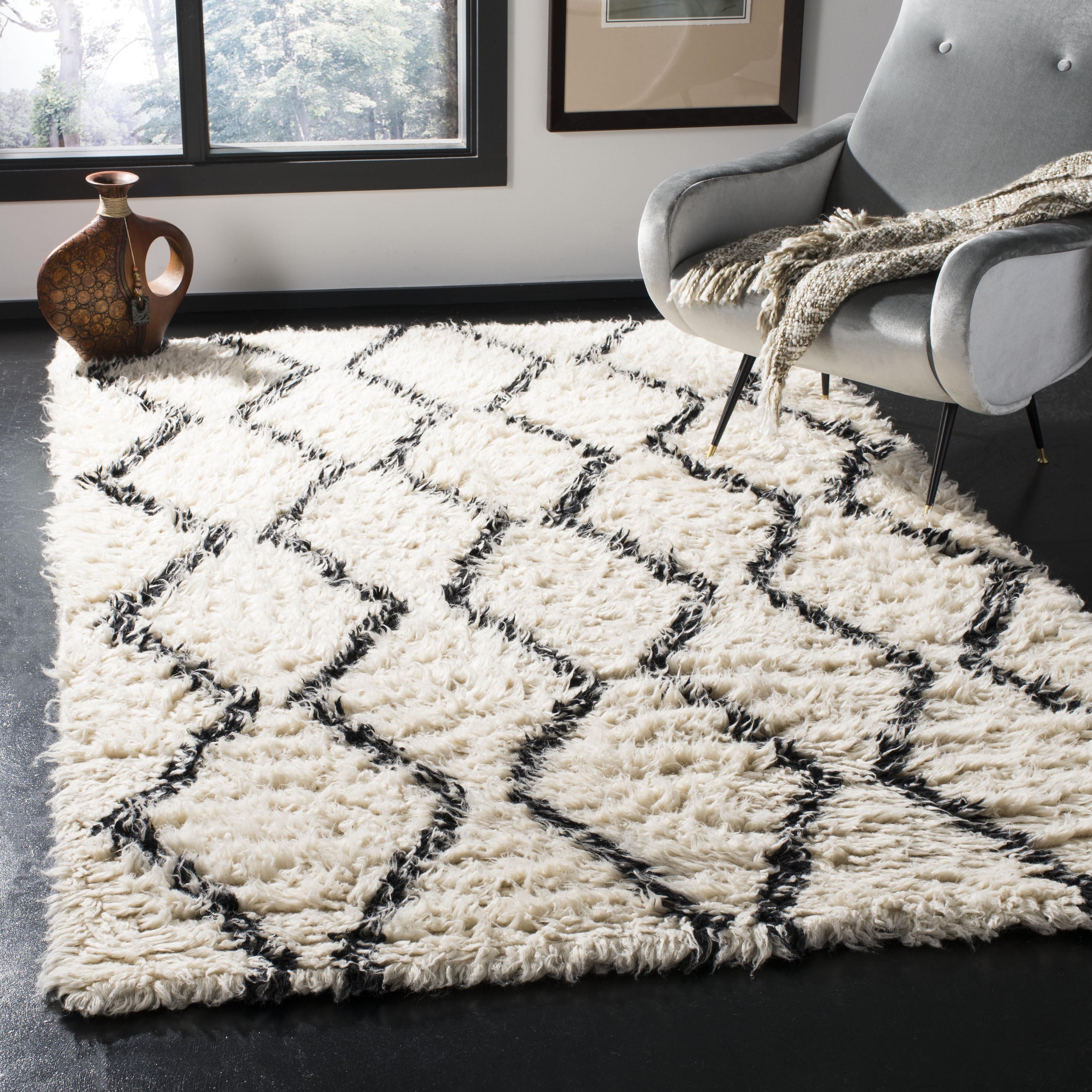 Hand-Knotted Black and White Wool Area Rug 6' x 9'