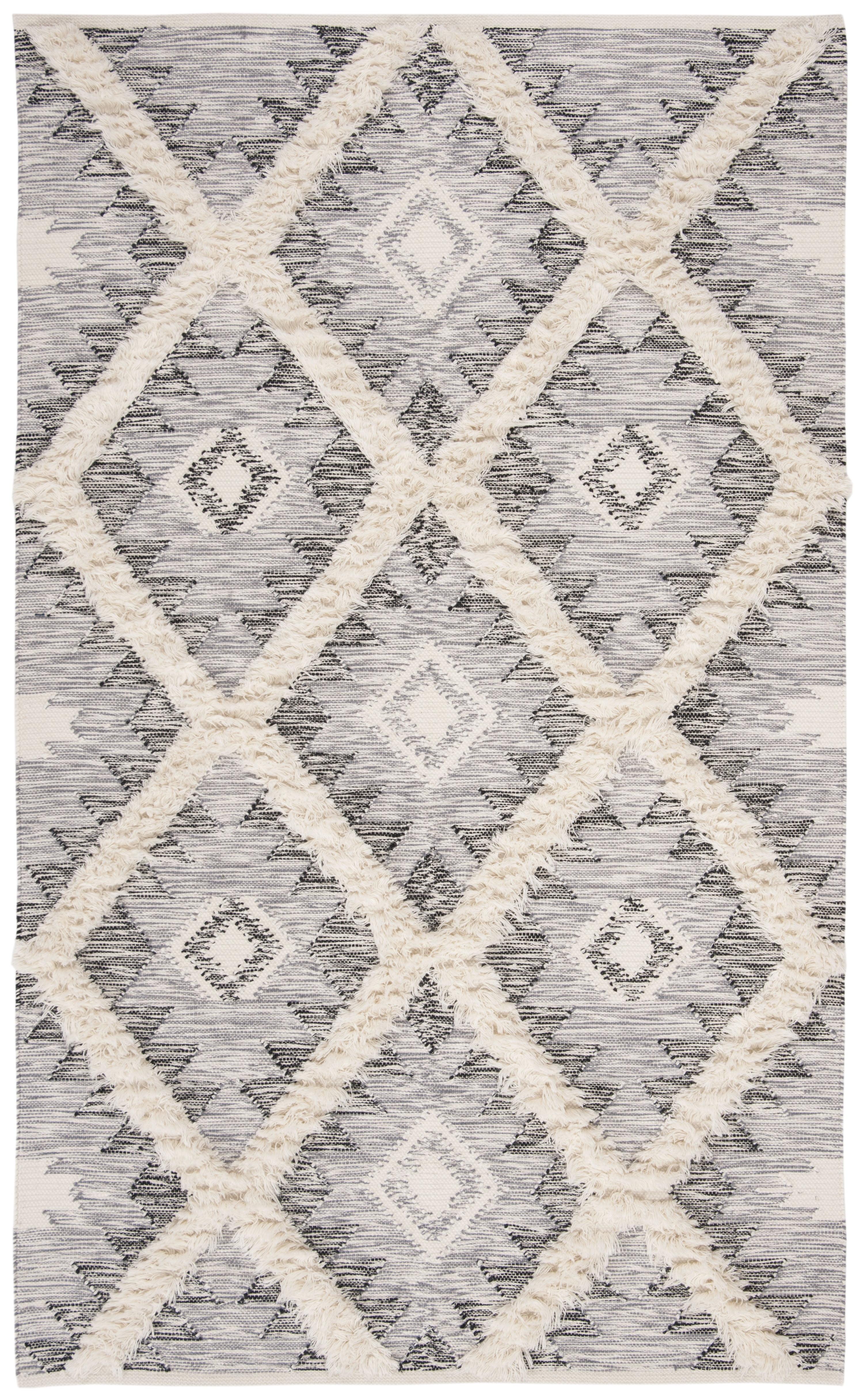 Ivory and Charcoal Geometric Wool 9' x 12' Hand-Knotted Rug