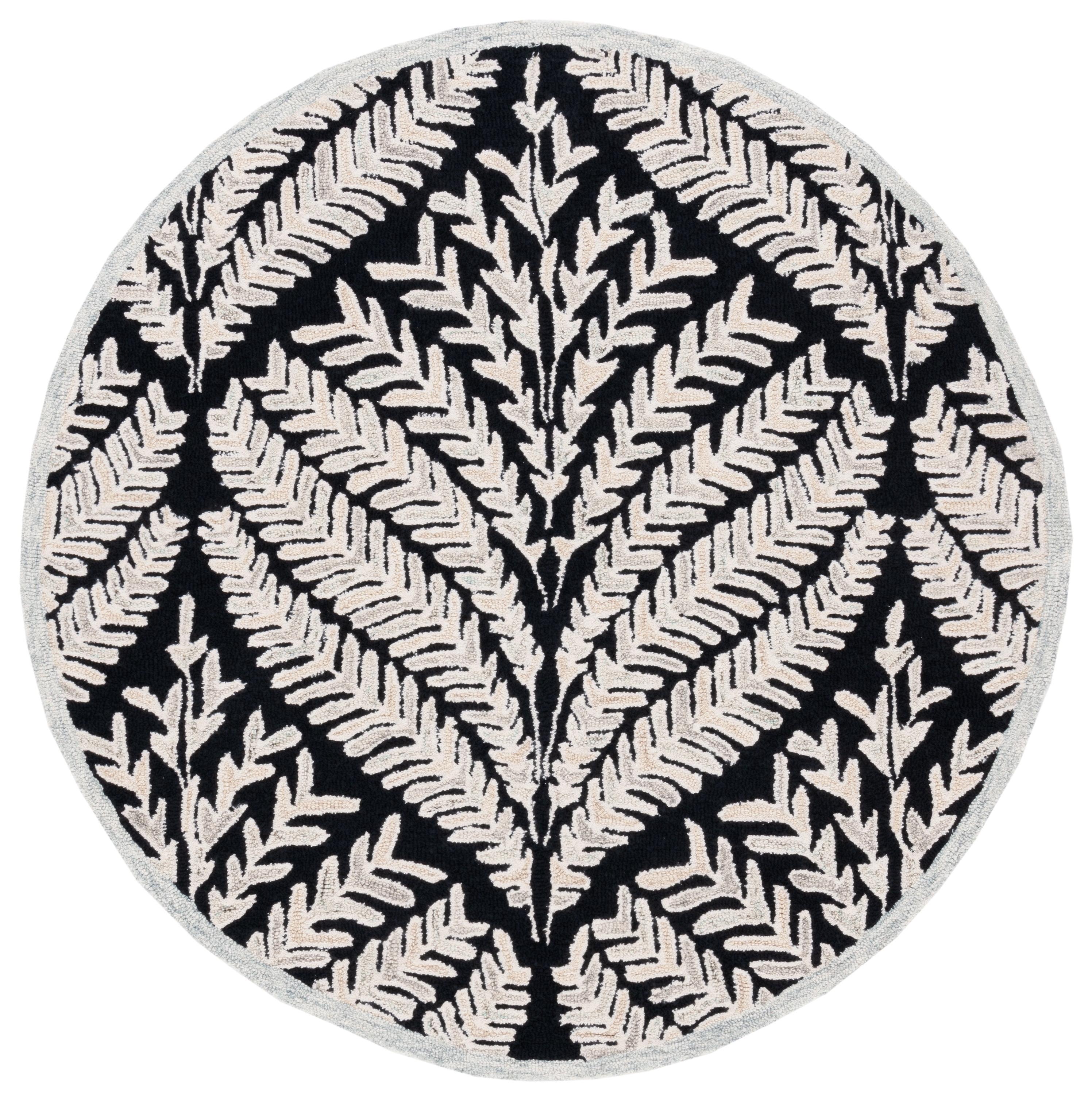 SAFAVIEH Capri Proinsias Leaves Wool Area Rug, Black/Ivory, 3' x 3' Round