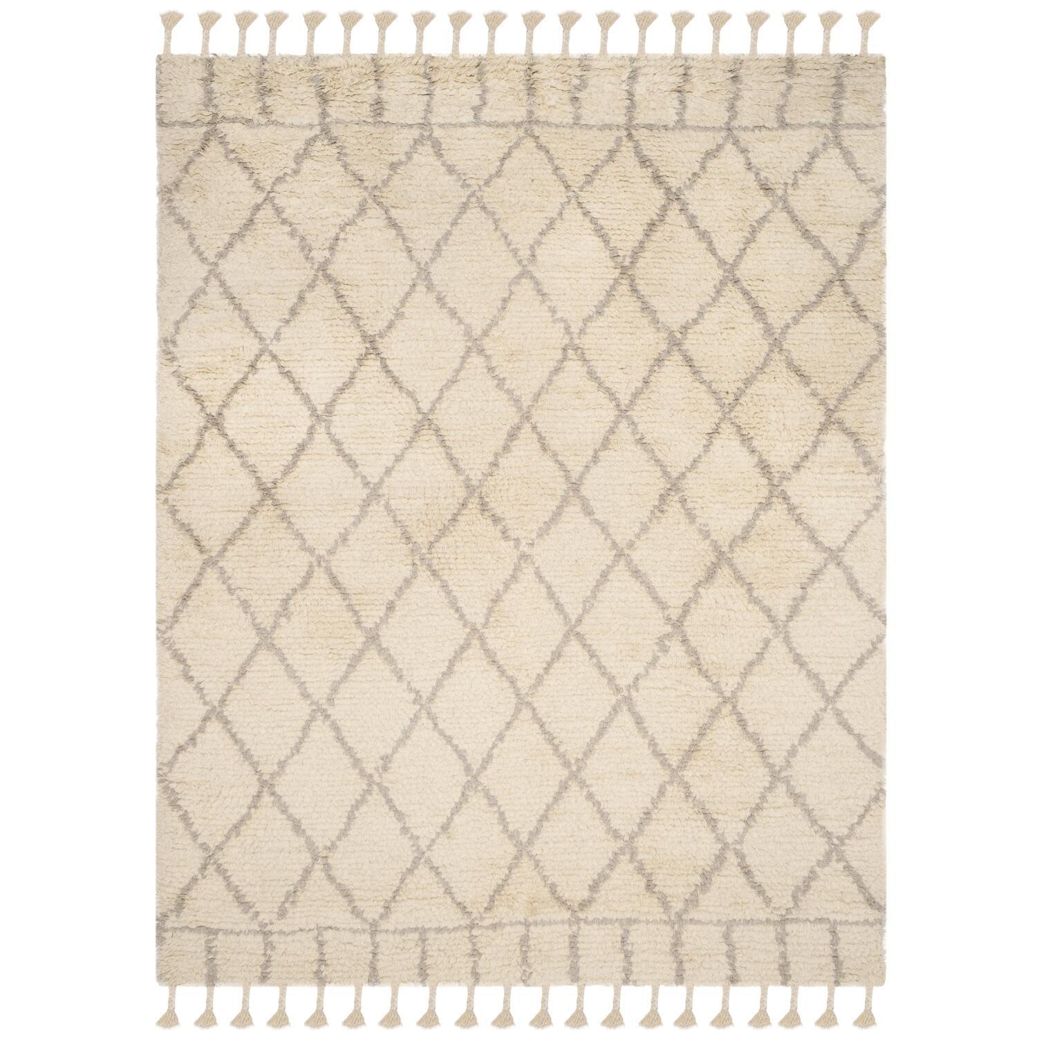 Safavieh  Handmade Casablanca Shag Domenica Tribal Wool Rug Ivory/Light Grey 8'  x  10' 8' x 10' Indoor,Handmade Living Room,Bedroom,Dining Room Grey