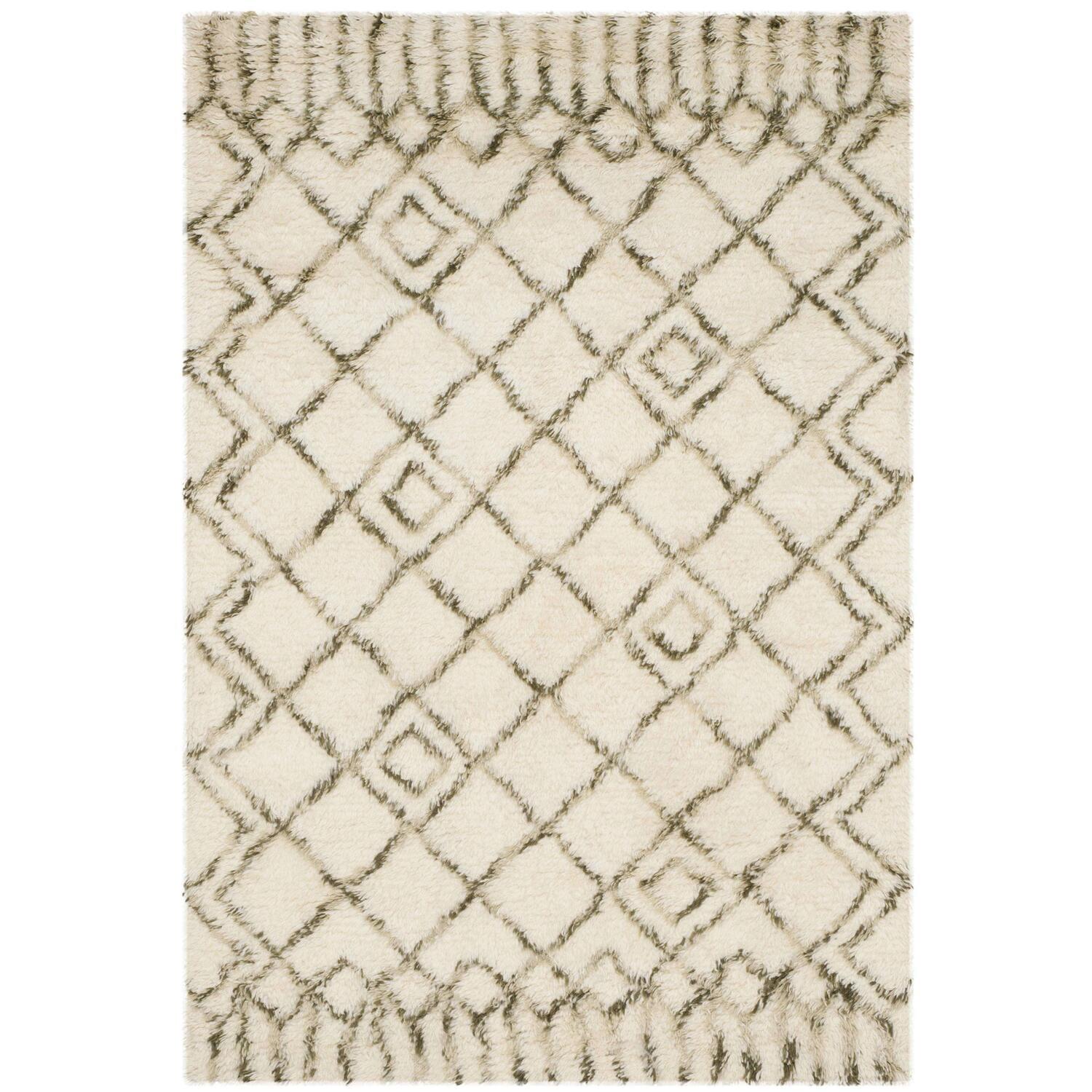 Safavieh  Handmade Casablanca Shag Santina Tribal Wool Rug Ivory/Green 4' x 6' 4' x 6' Indoor Living Room, Bedroom Green