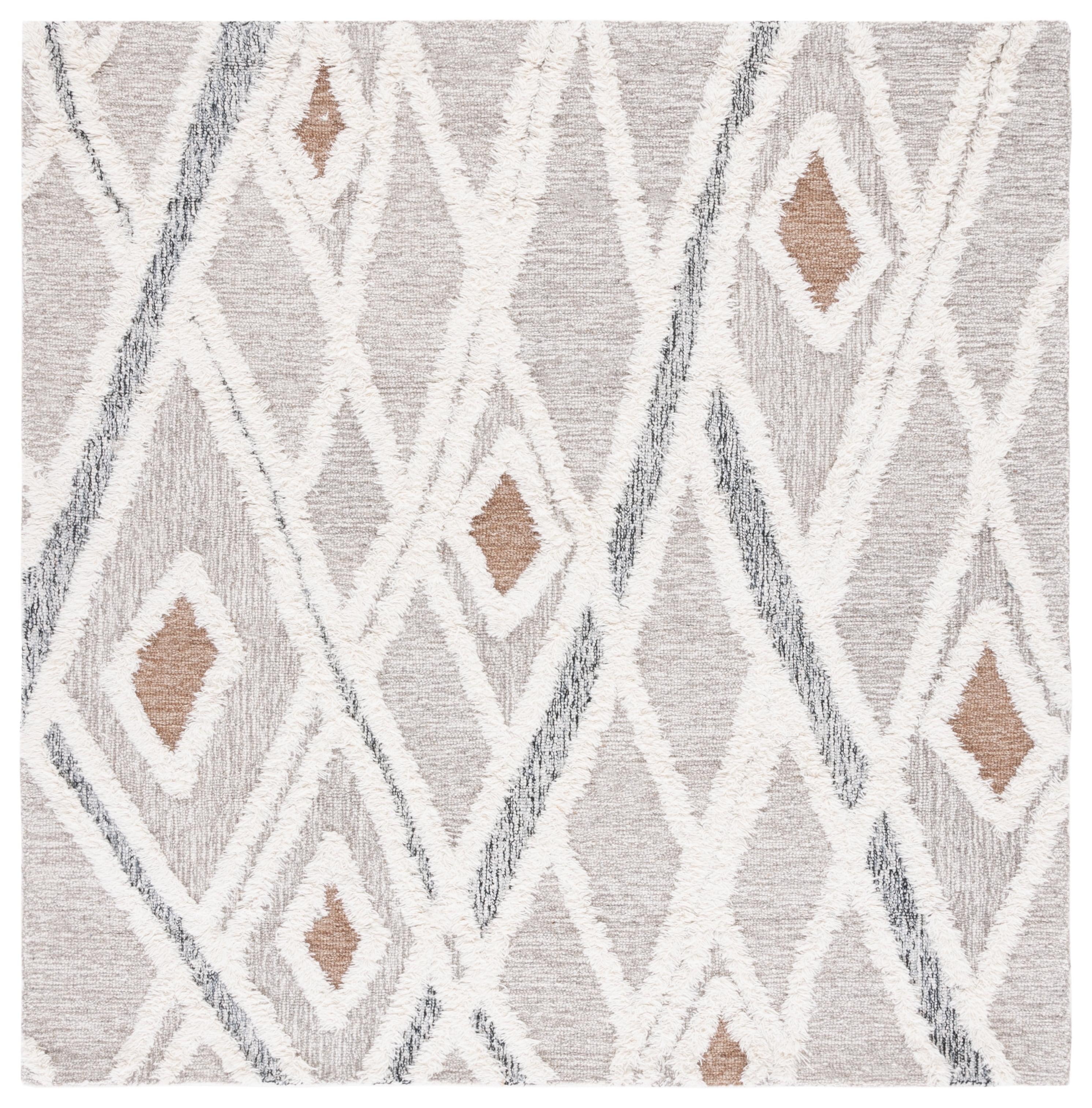 Gray and Ivory Geometric Wool Tufted Square Rug, 4' x 4'