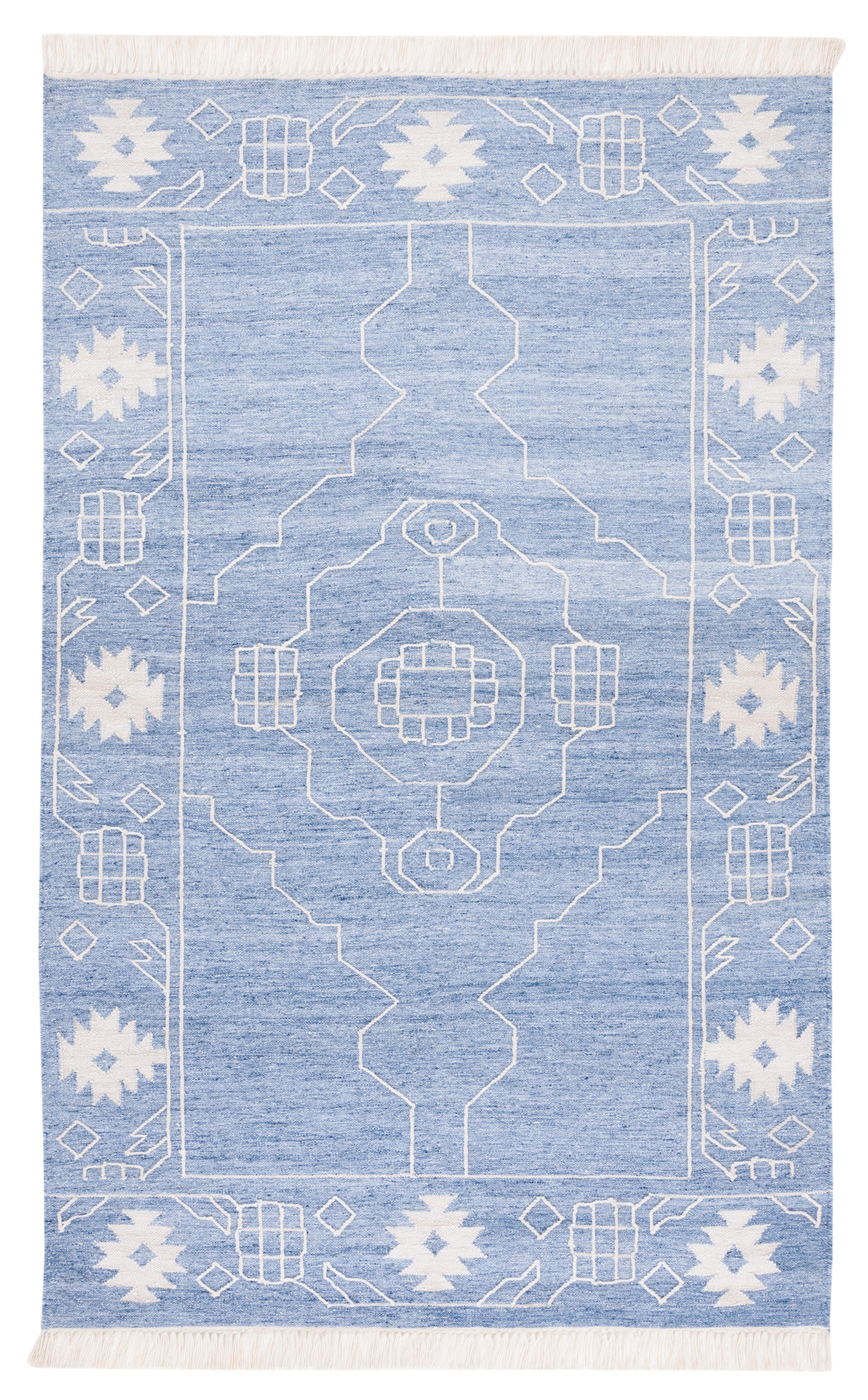 Blue and Ivory 6' x 9' Handmade Wool Kilim Area Rug