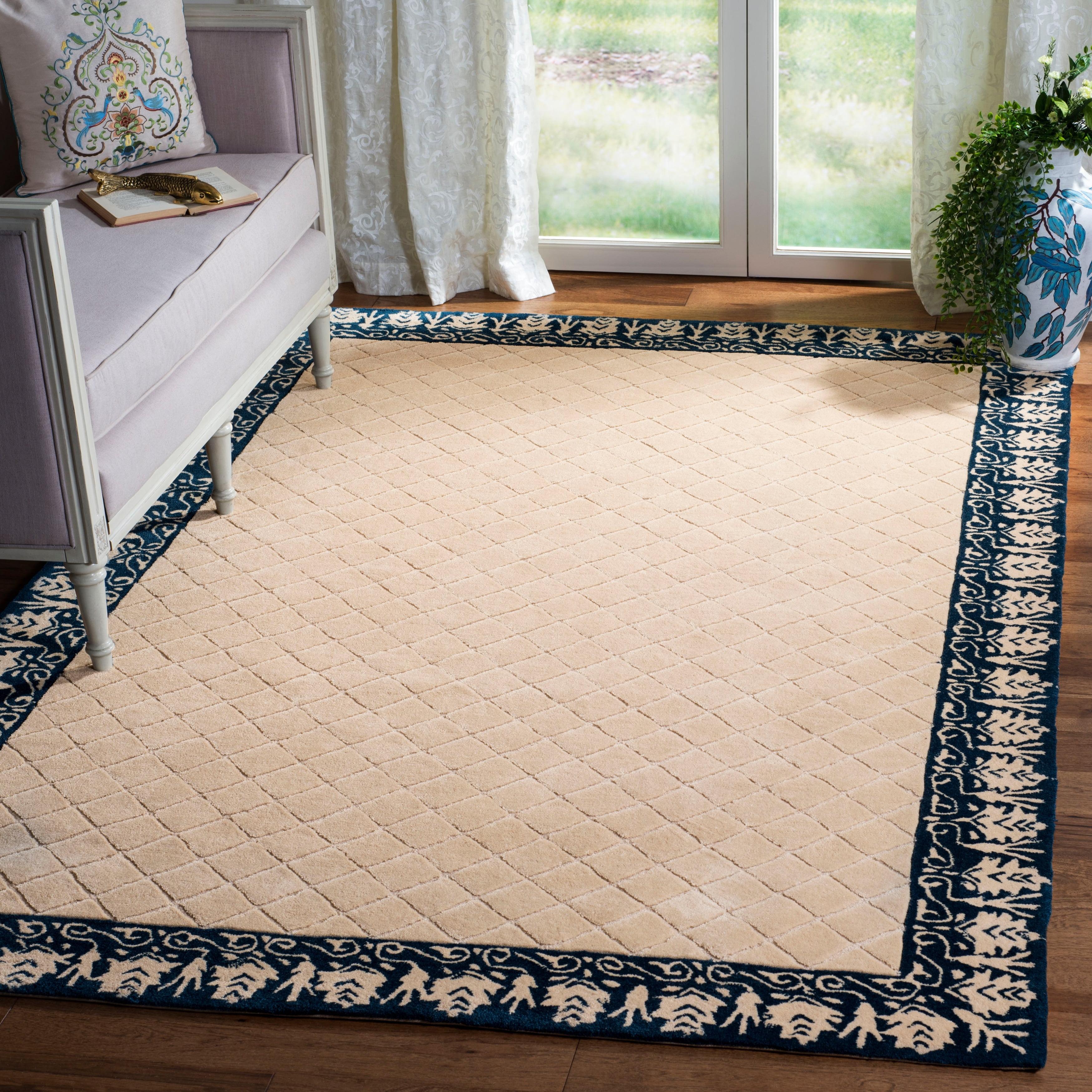 Navy and Beige Hand-Hooked Wool Area Rug 4' x 6'