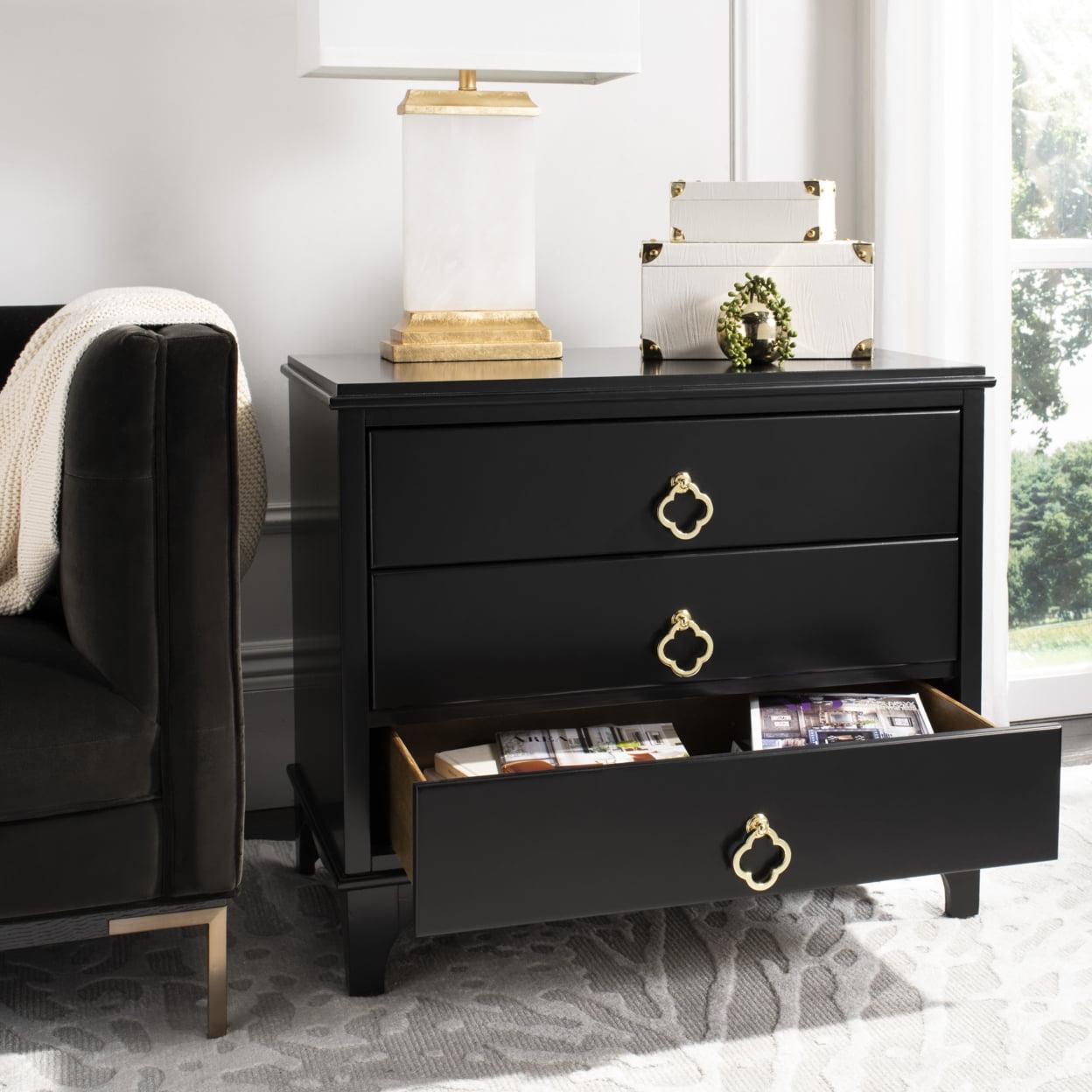 Transitional Black and Gold 3-Drawer Nightstand with Brass Quatrefoil Pulls