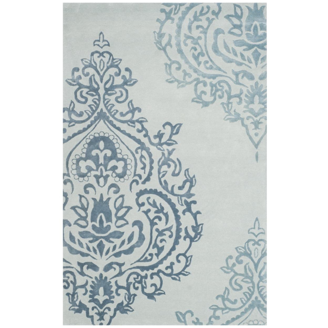 Handmade Ivory and Blue Wool Viscose Tufted Rug, 4' x 6'