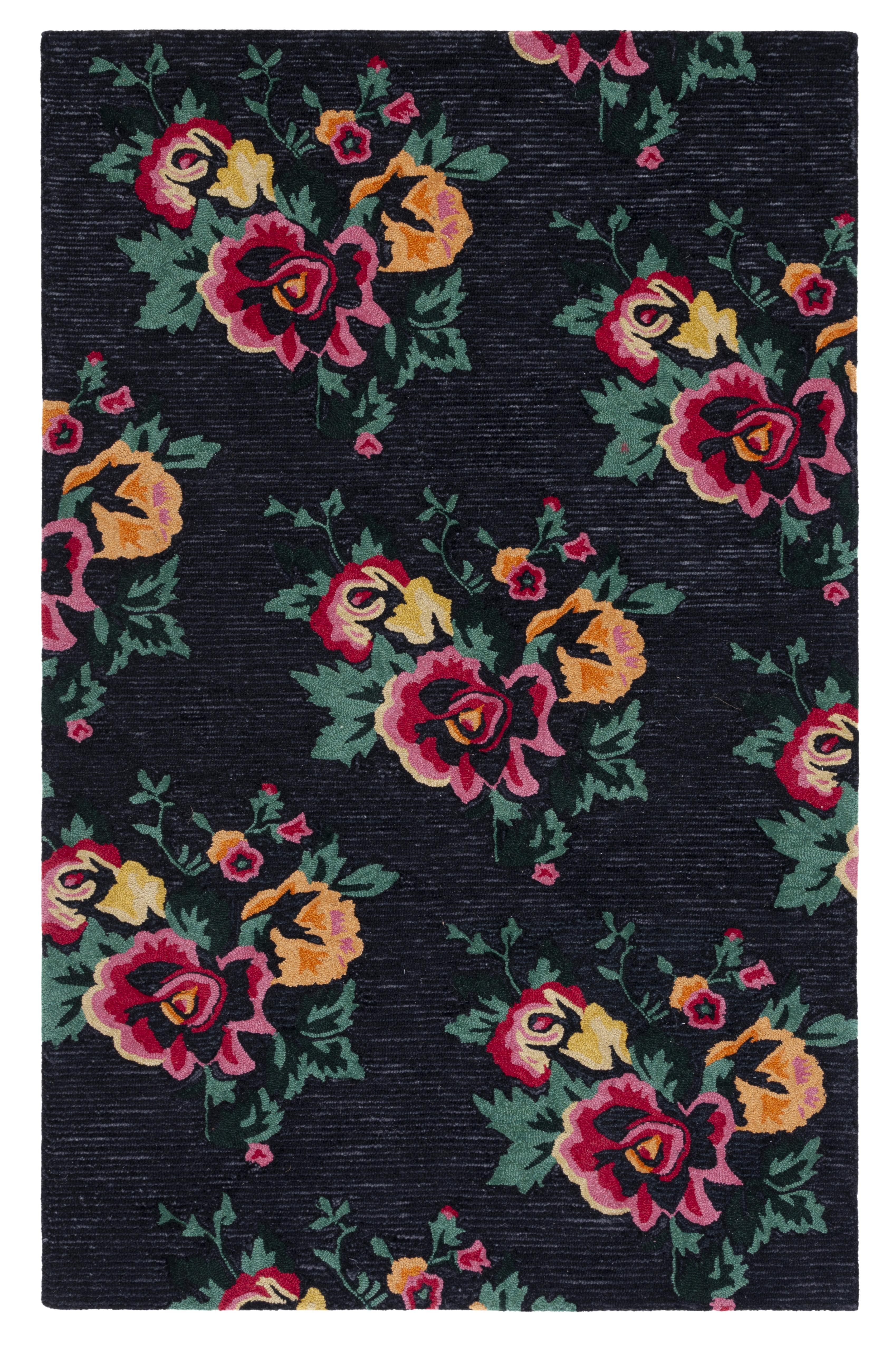 Handmade Black Floral Wool Rectangular Area Rug 3' x 5'