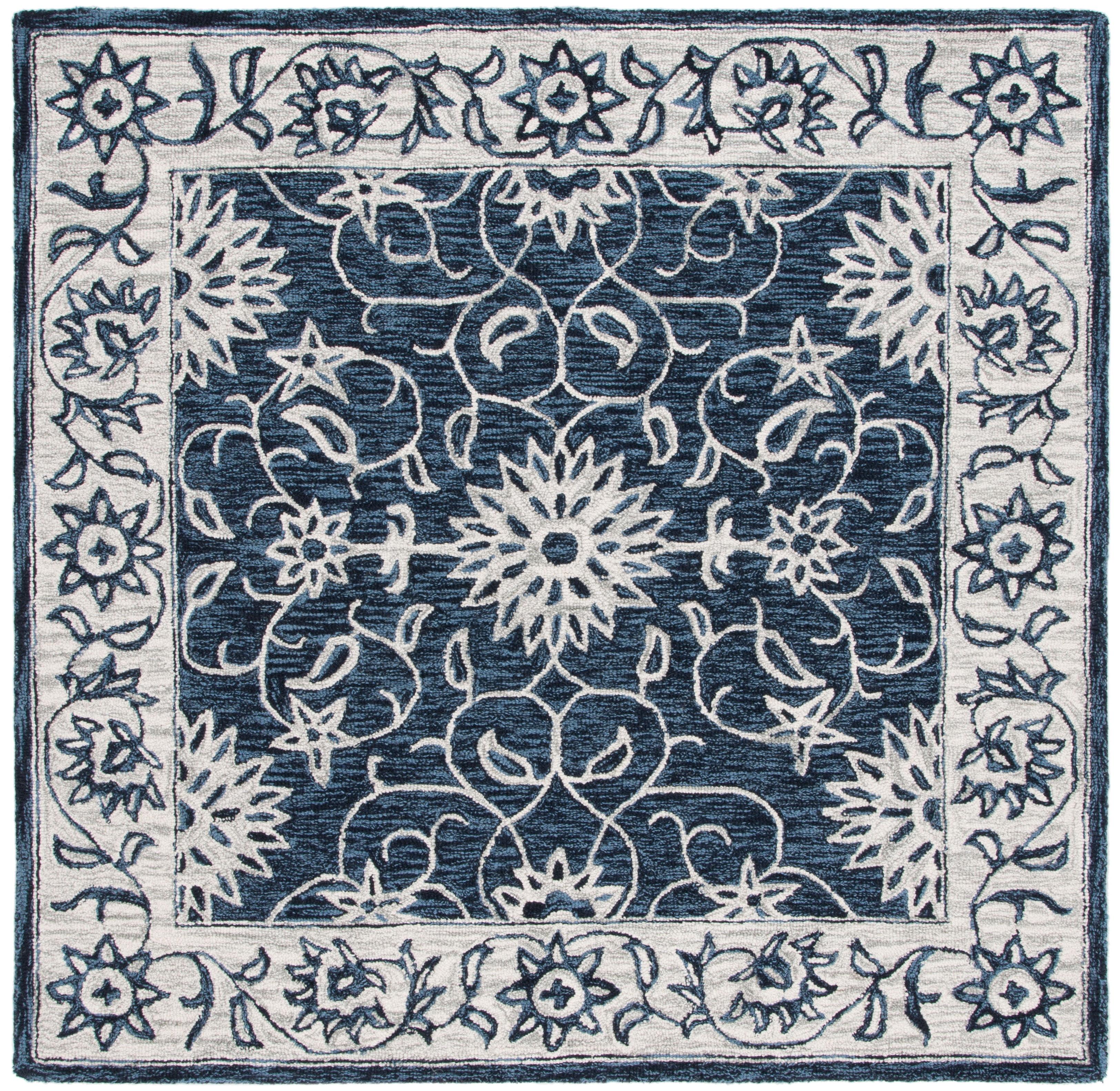 SAFAVIEH Jardin Wilson Floral Wool Area Rug, Navy/Ivory, 6' x 6' Square