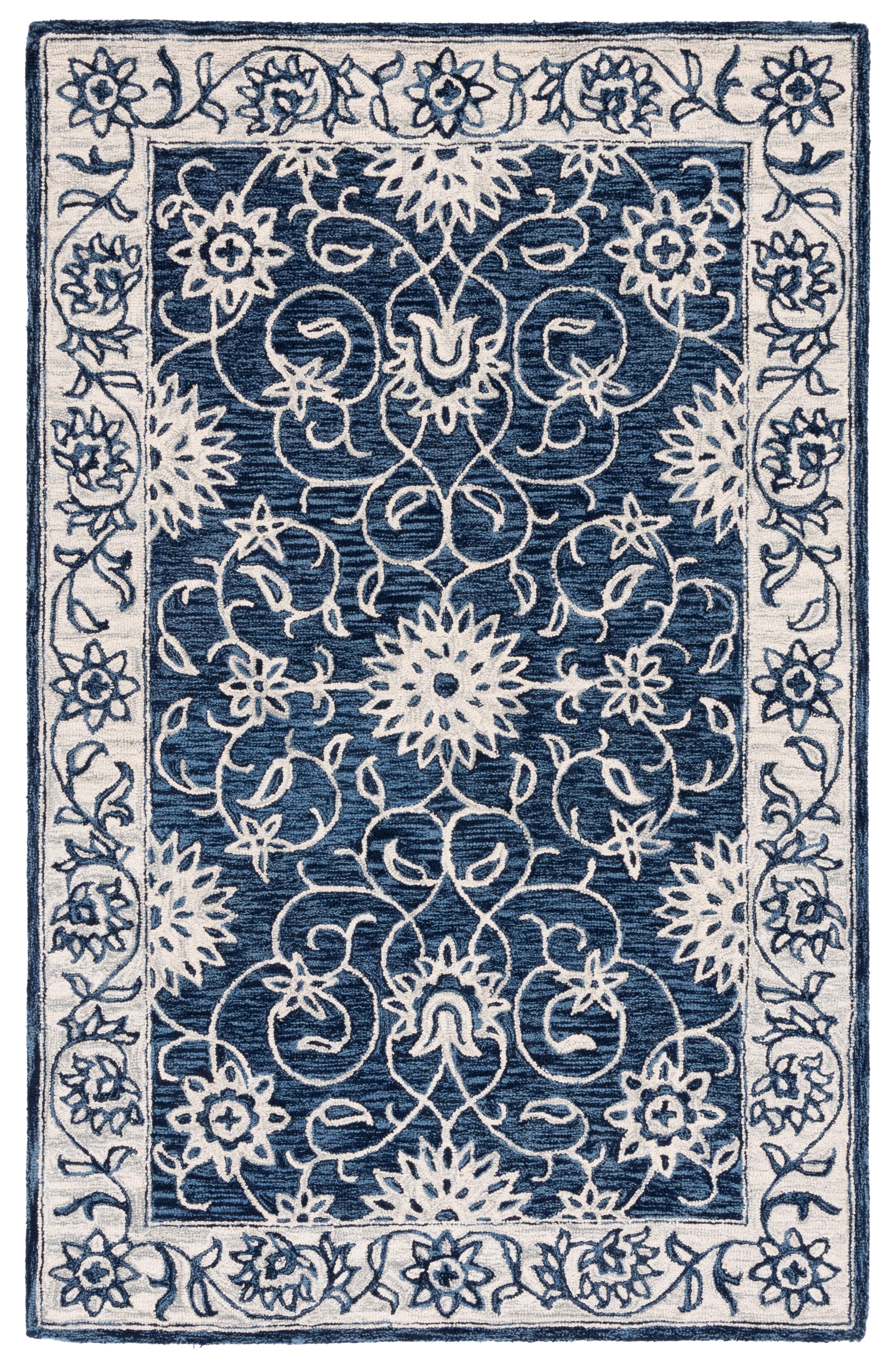 Ivory and Navy Floral Handmade Wool Area Rug, 3' x 5'