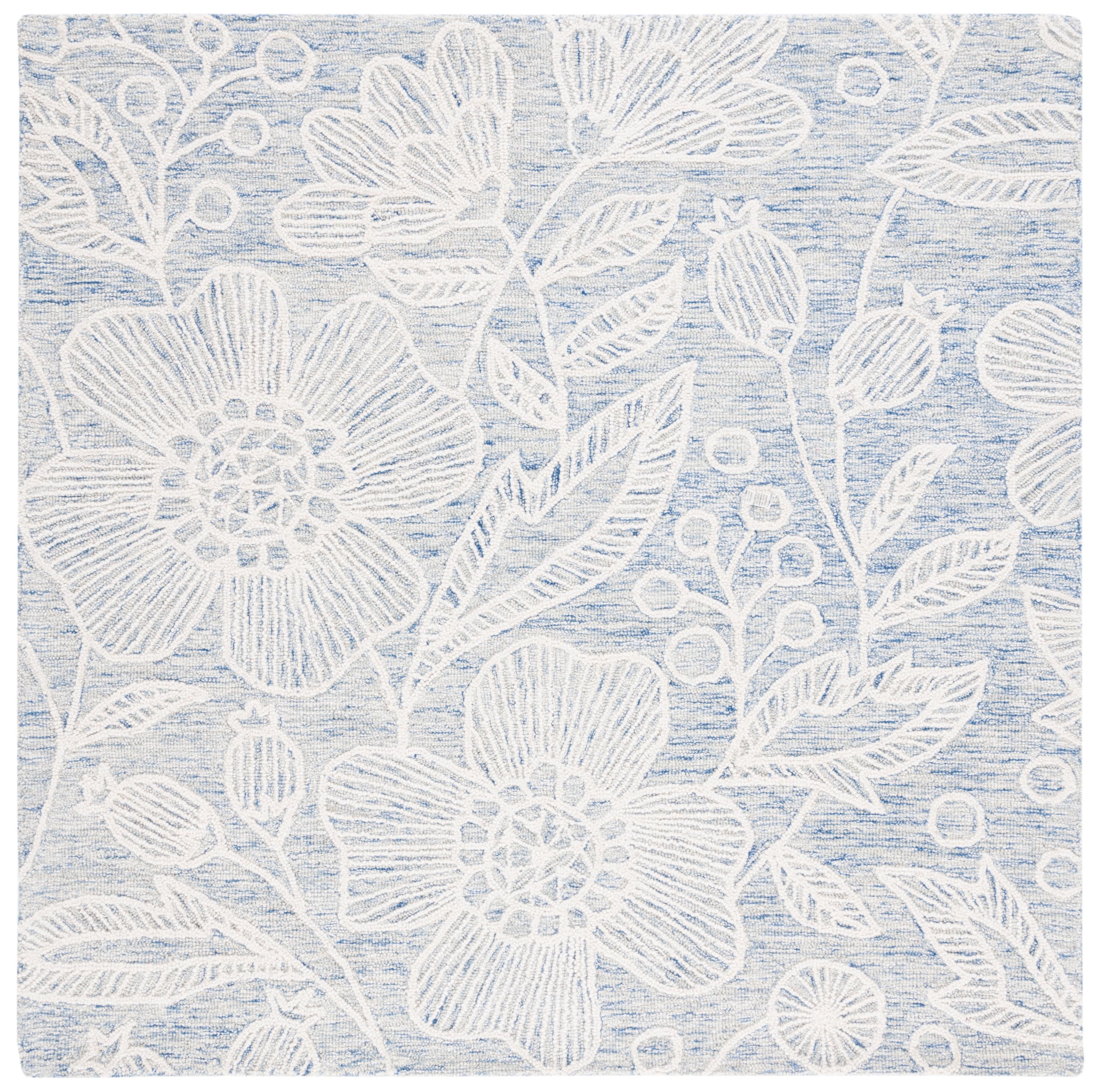 SAFAVIEH Jardin Natalie Floral Wool Area Rug, Blue/Ivory, 6' x 6' Square