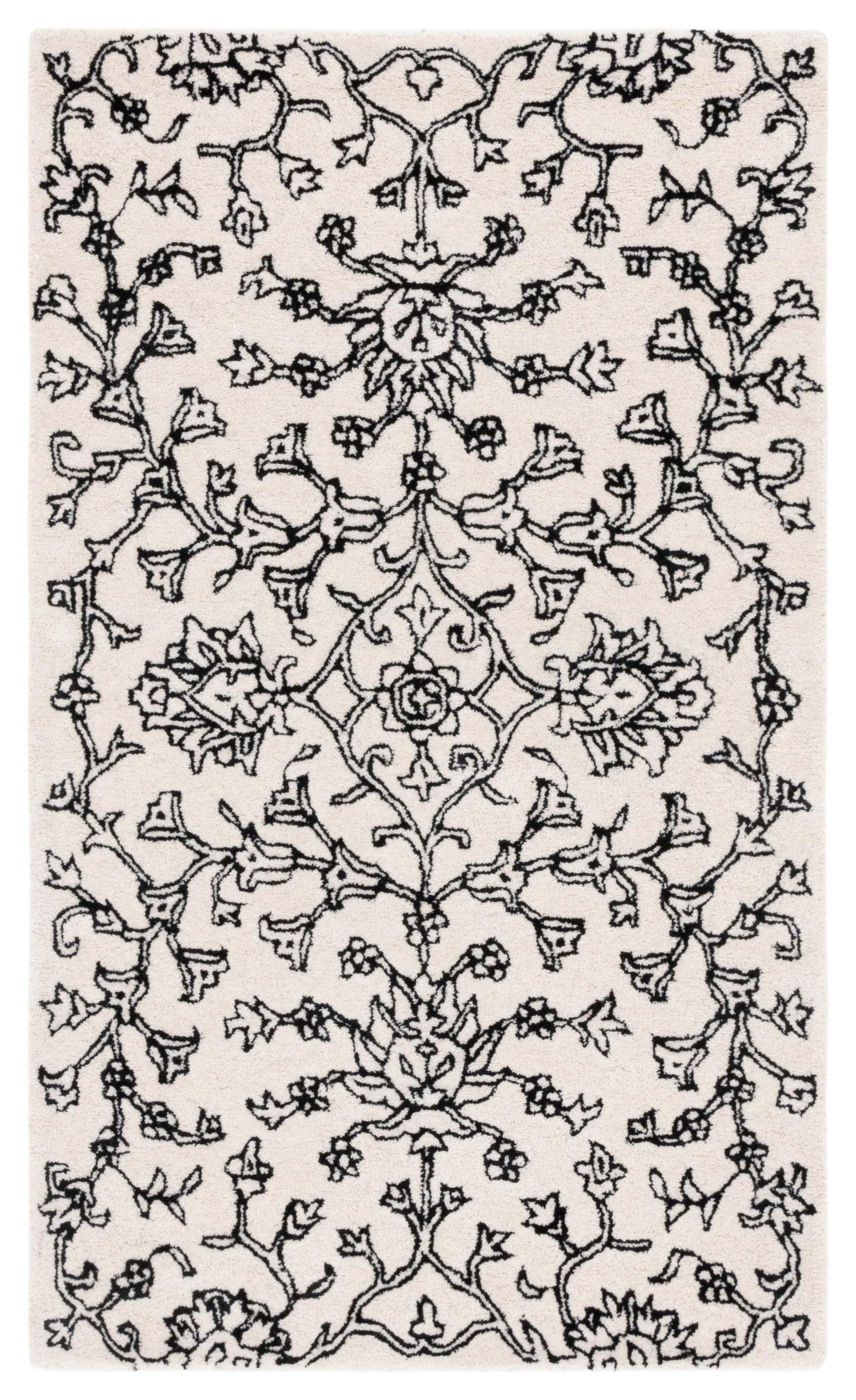 Ivory and Black Floral Hand-Tufted Wool Area Rug 4' x 6'