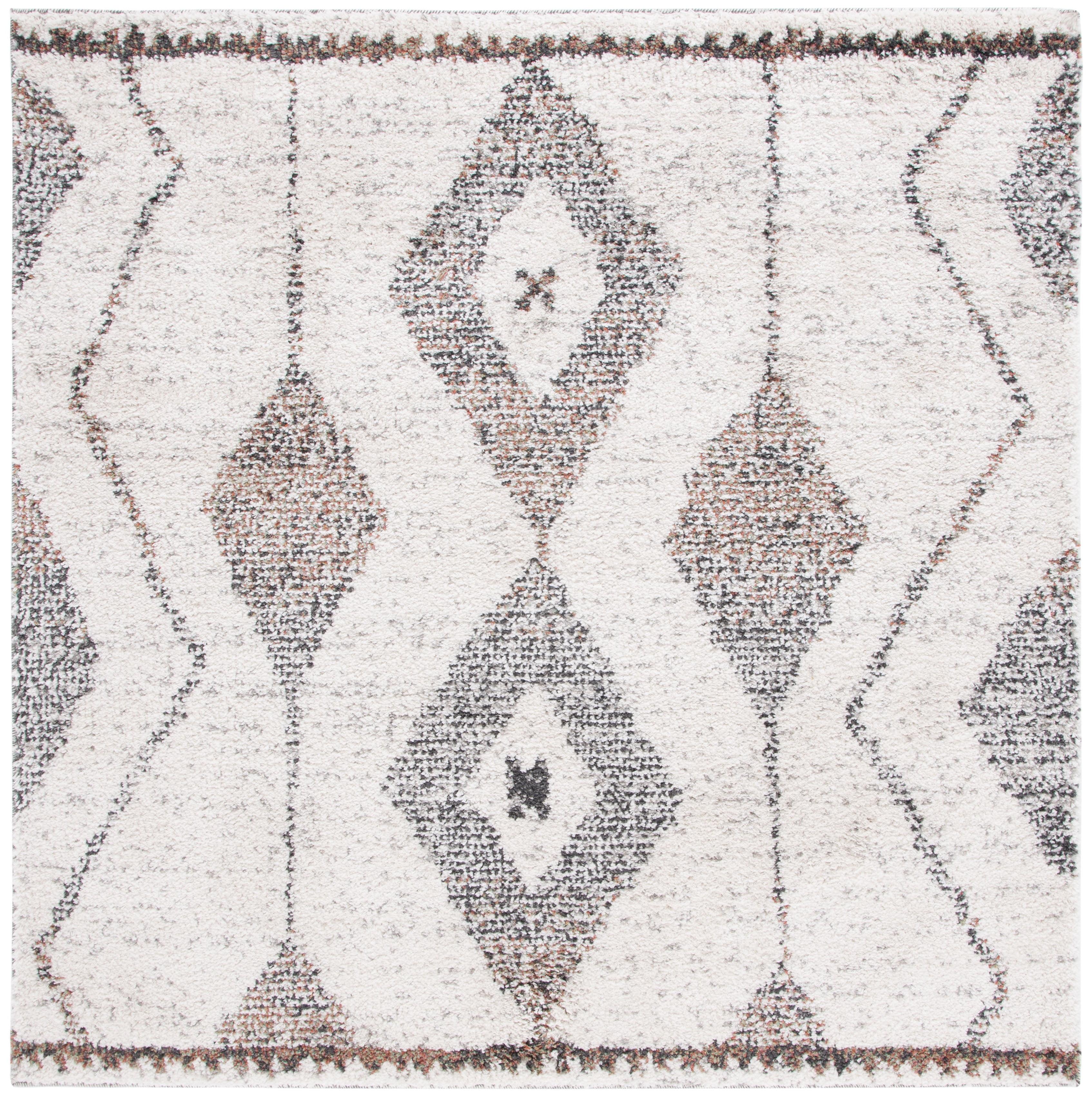 Ivory Geometric Shag Wool and Synthetic Square Rug