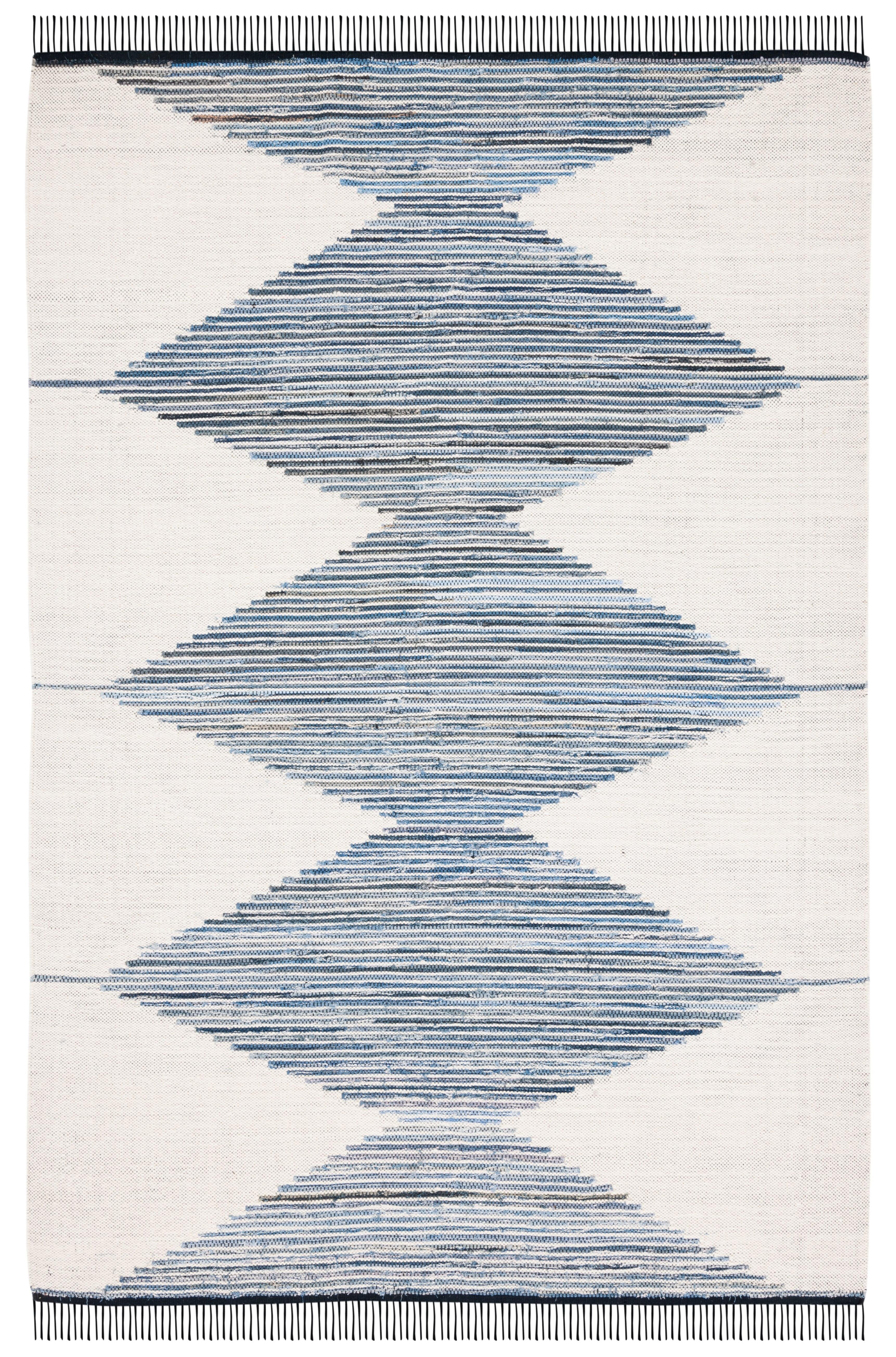 Ivory and Blue Handwoven Wool Cotton Kilim Area Rug