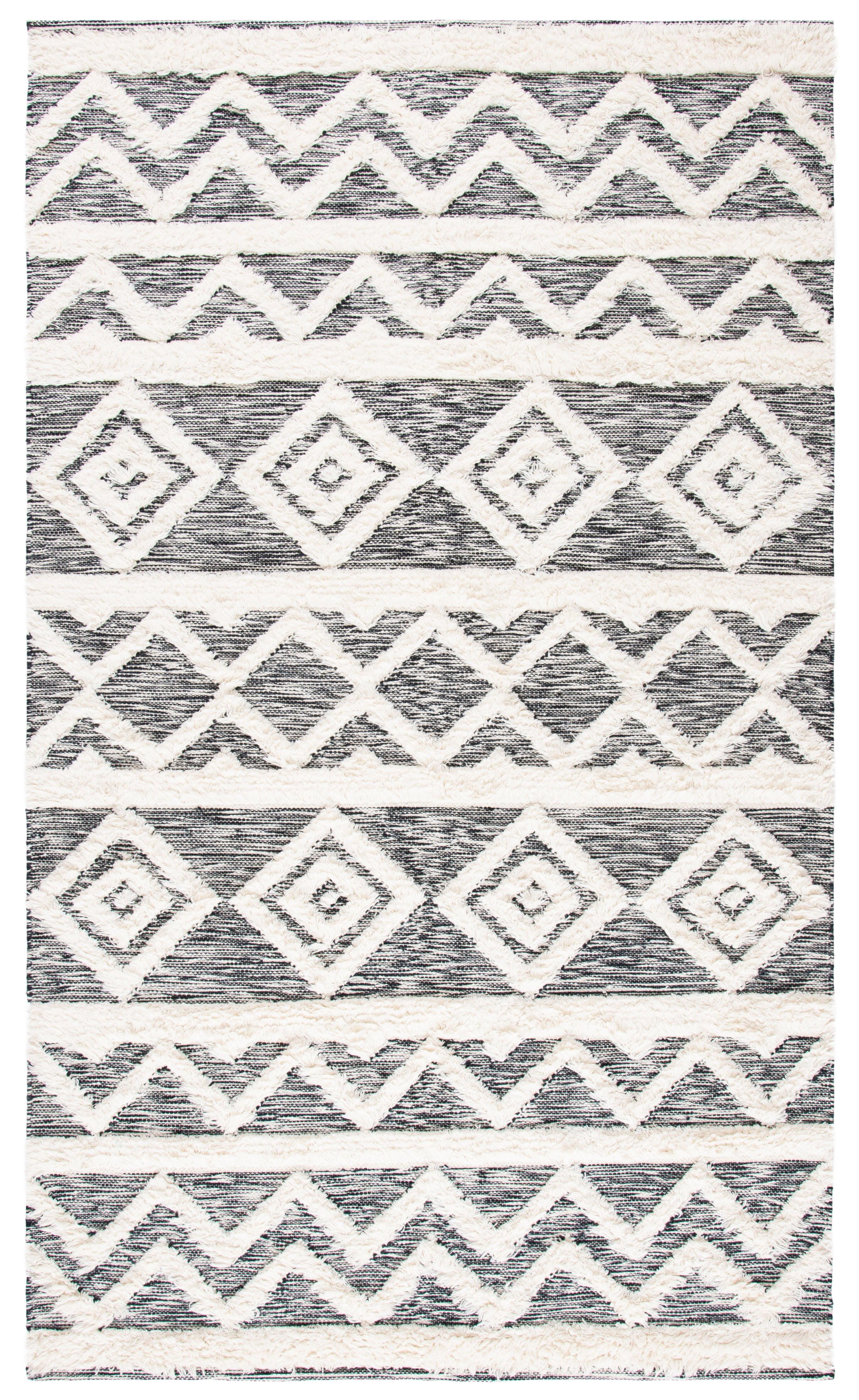 Bohemian Black and Ivory Hand-Knotted Wool Area Rug 6' x 9'