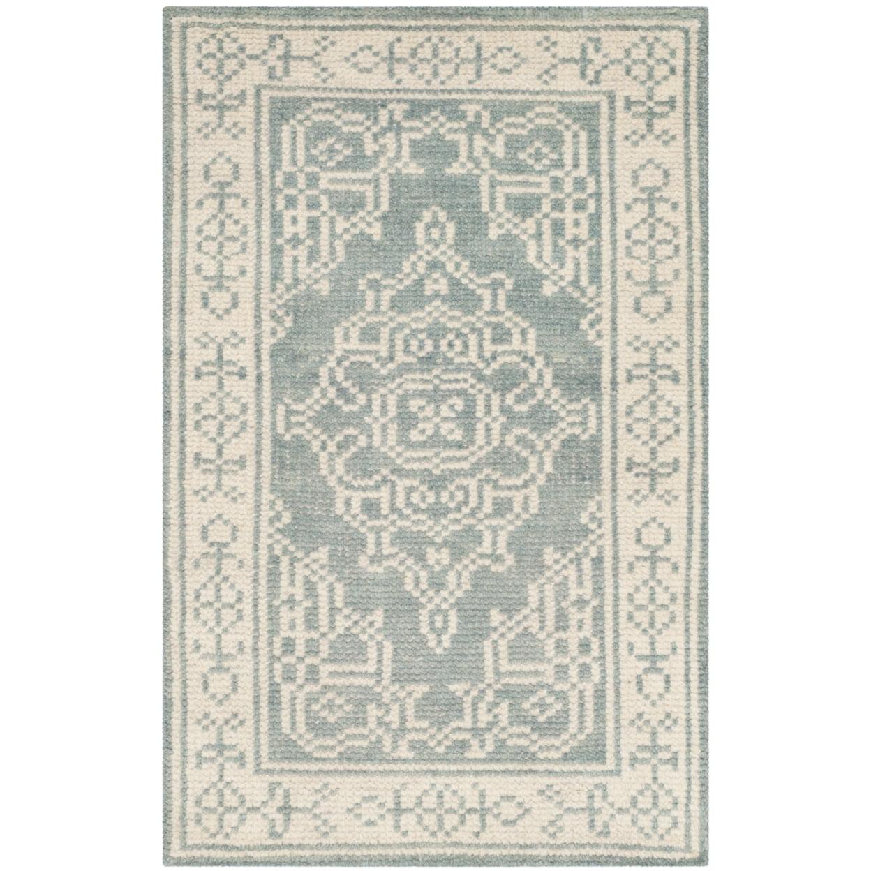 Bohemian Blue Floral Hand-Knotted Wool Area Rug - 2' x 3'