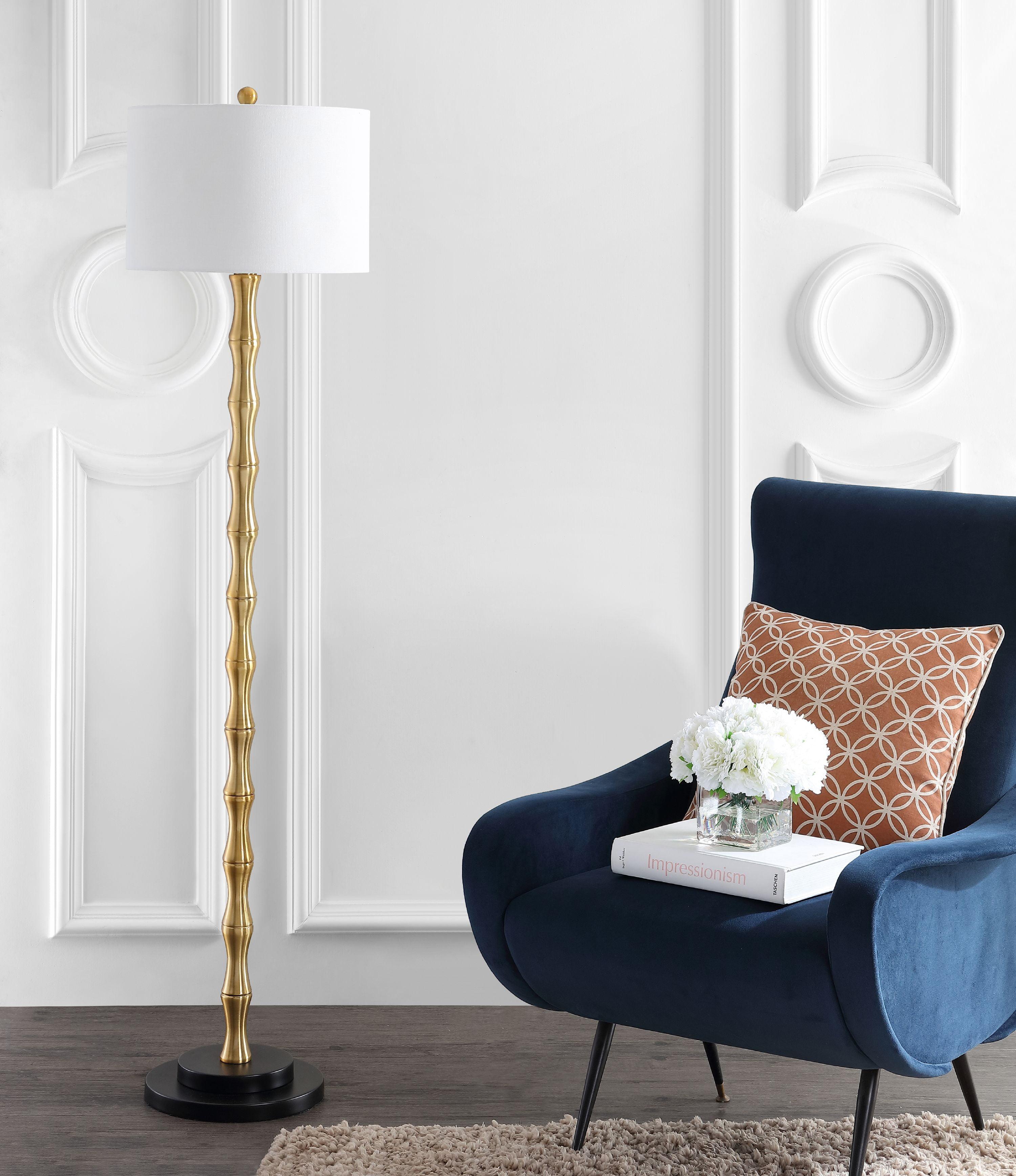 Elegant Antique Brass Floor Lamp with Off-White Cotton Shade