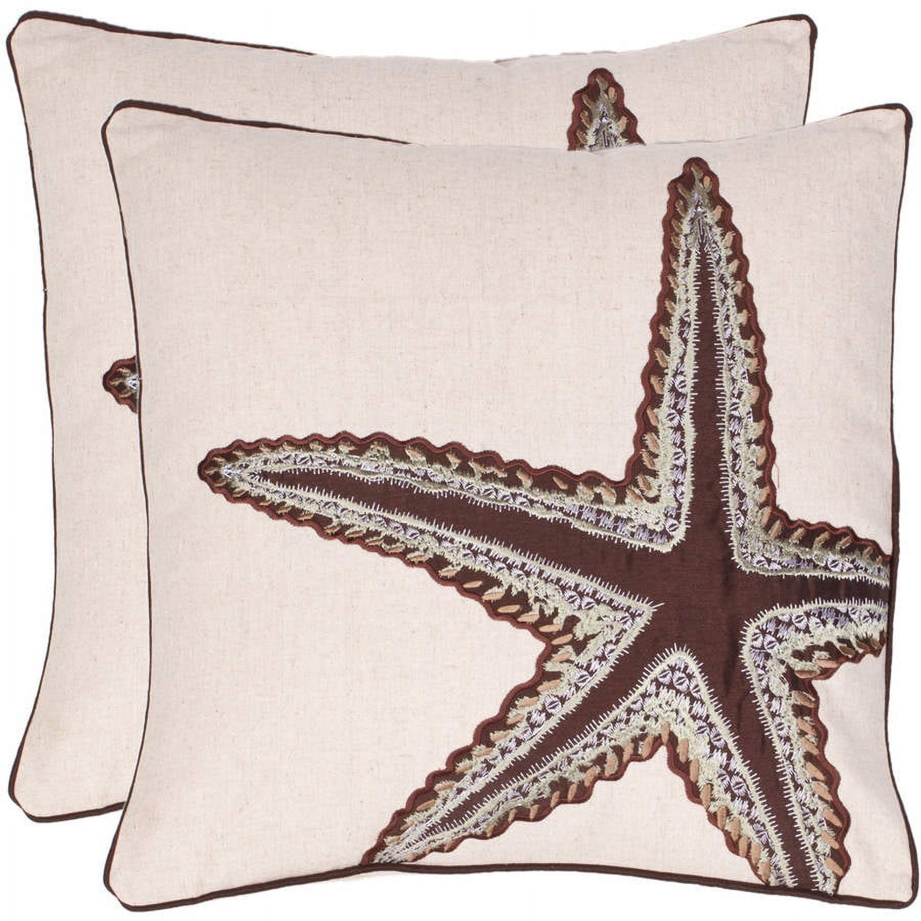 Ecru and Brown Embroidered Starfish 18" Square Pillow Set