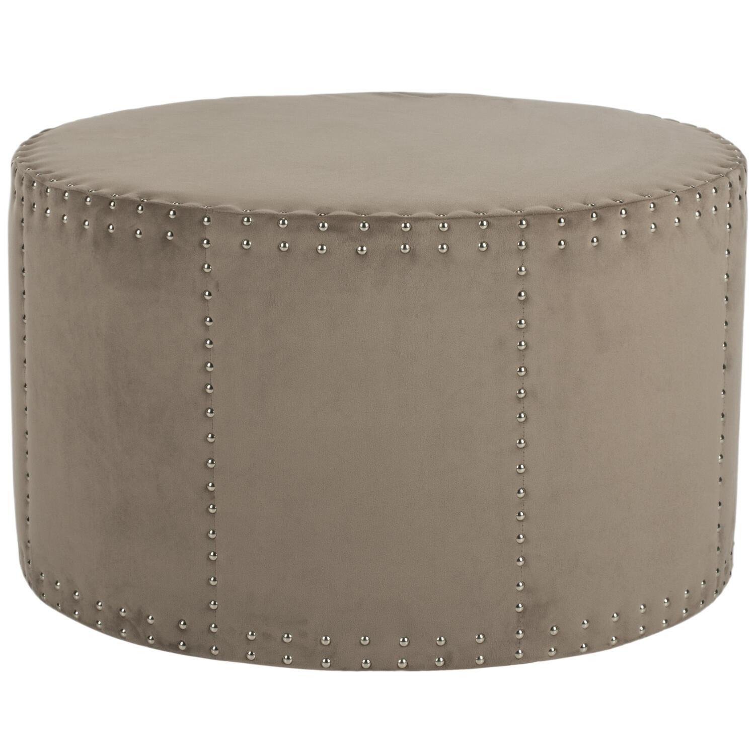 Contemporary Round Beige Cotton Velvet Ottoman with Silver Nail Head Details