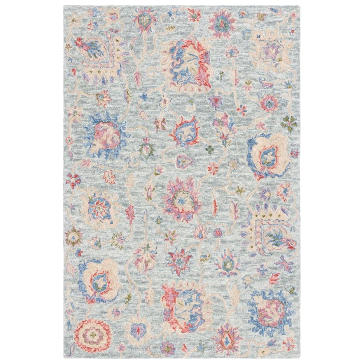 Ivory and Blue Hand-Tufted Wool Floral 4' x 6' Rug