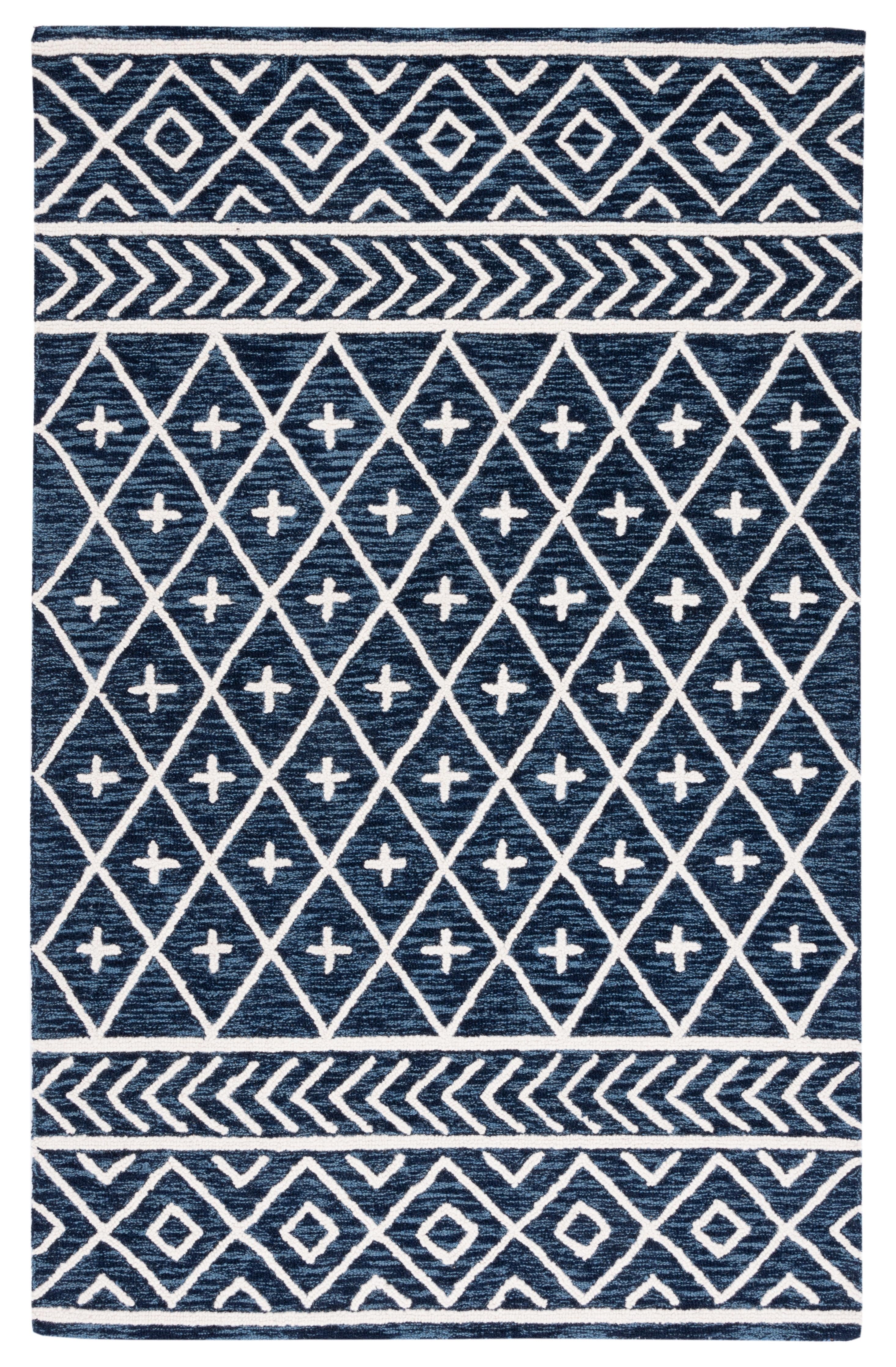 Navy and Ivory Hand-Tufted Wool Area Rug, 5' x 8'