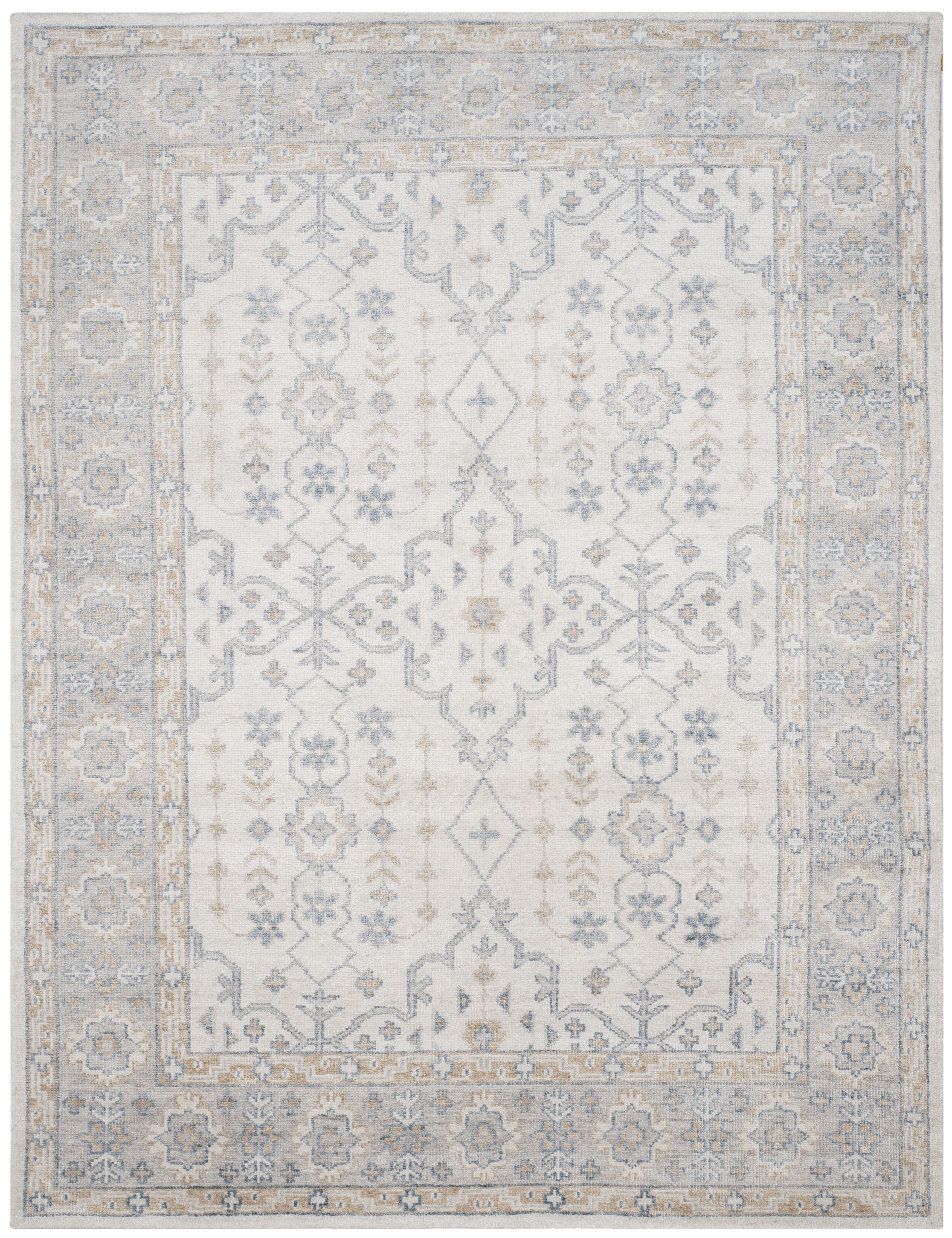 Ivory and Blue Hand-Knotted Wool and Viscose 9' x 12' Area Rug