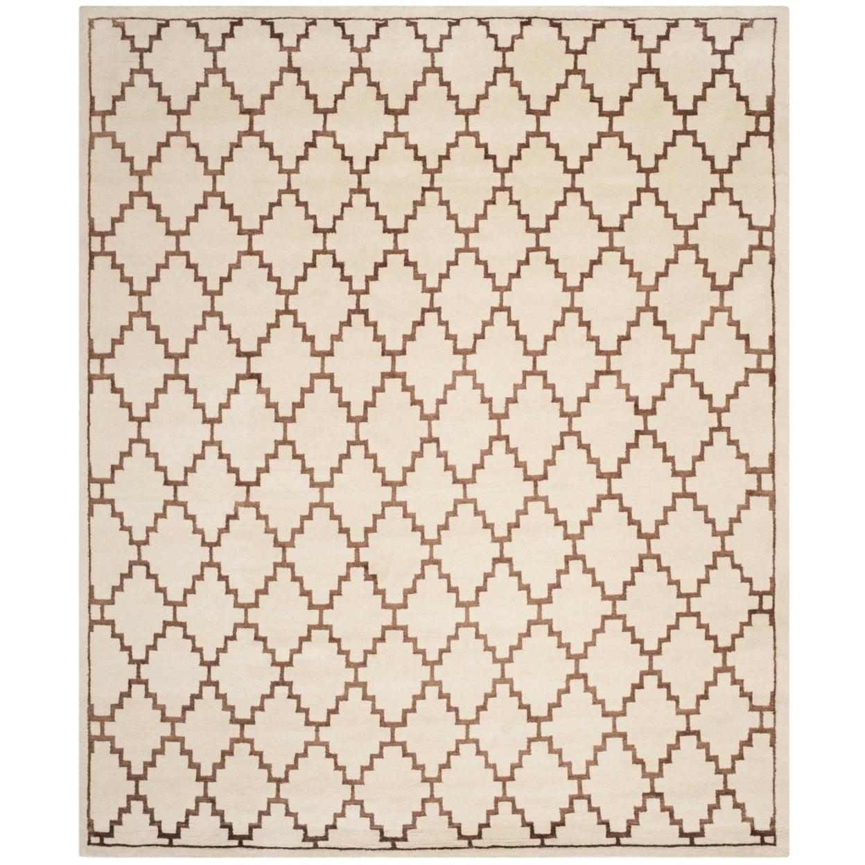 Ivory and Brown Hand-Knotted Wool Geometric 8' x 10' Rug