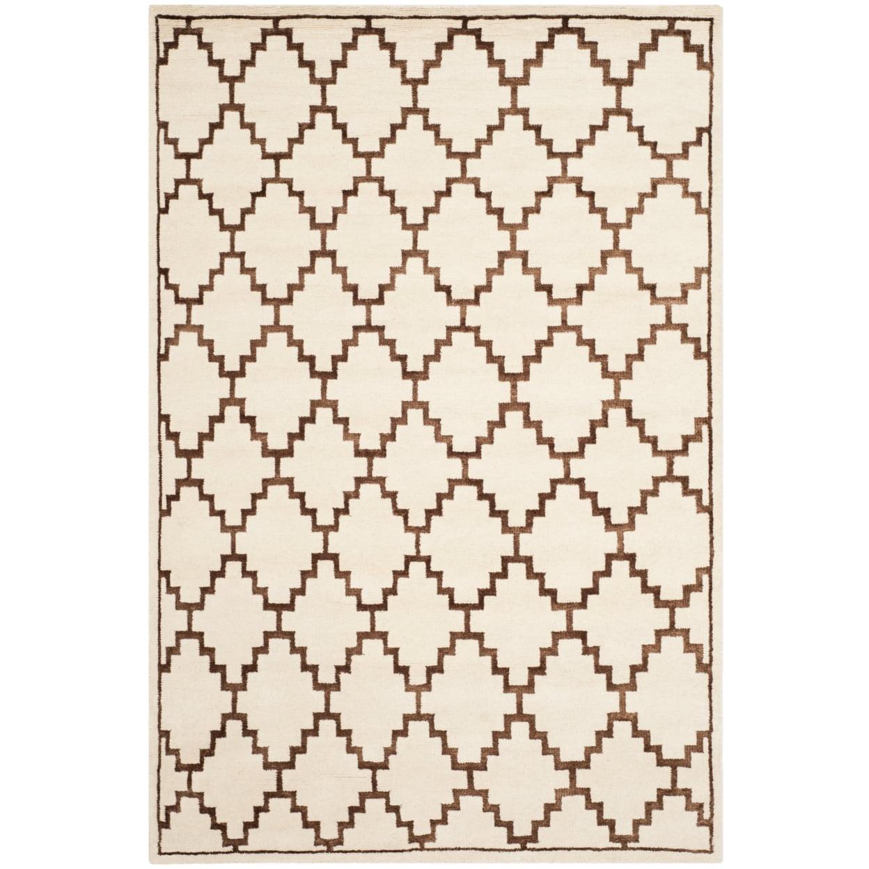 Ivory and Brown Hand-Knotted Wool Geometric Rug, 4' x 6'